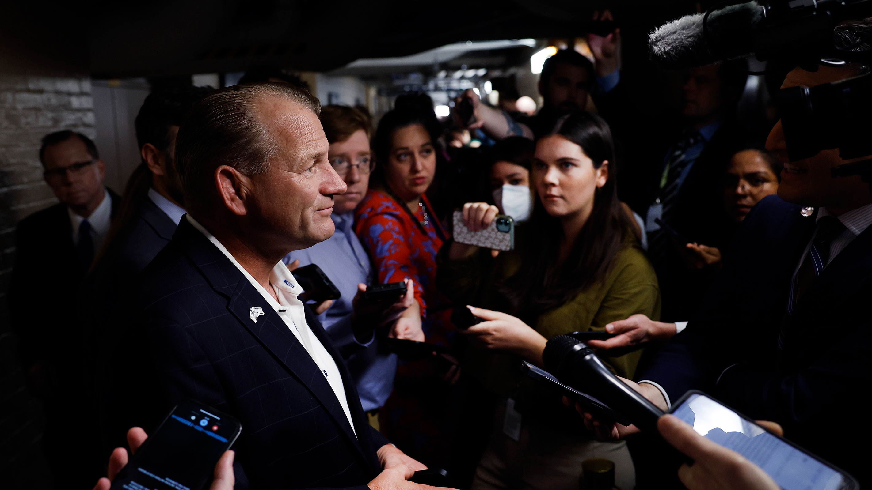 Rep. Troy Nehls speaks to reporters as he leaves a House Republican caucus meeting at the Capitol on October 12, 2023 in Washington, DC.