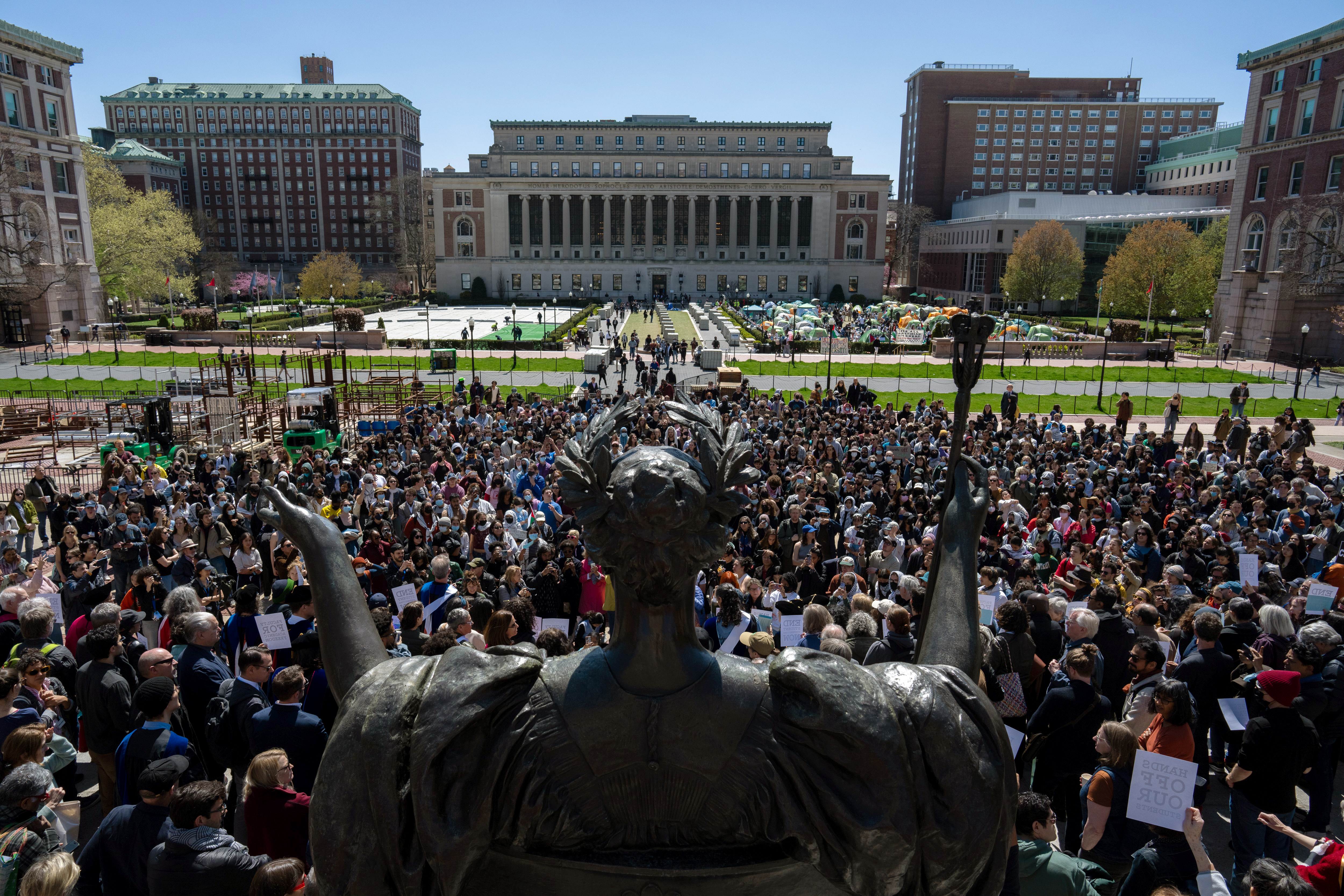 A Pro-Palestine rally is held at the steps of Lowe Library on the grounds of Columbia University in New York City on April 22, 2024.