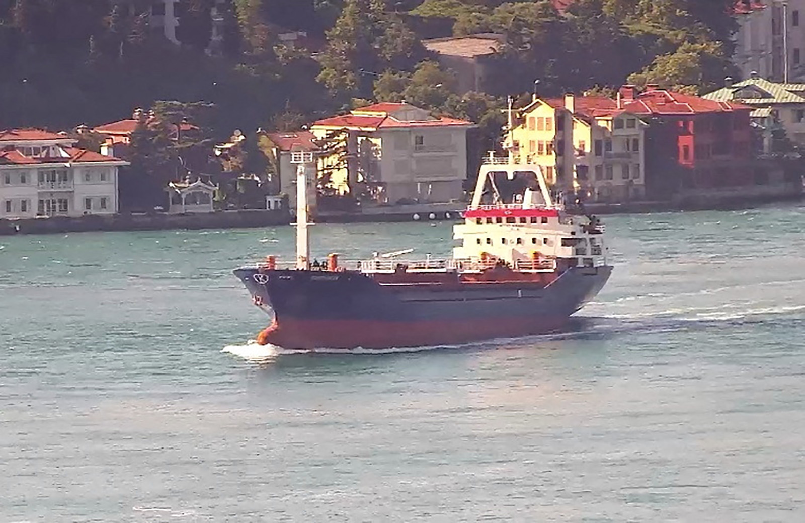 Palau-flagged vessel Sukru Okan sails in the Bosphorus in Istanbul, Turkey, on July 10, in this screen grab from a video.