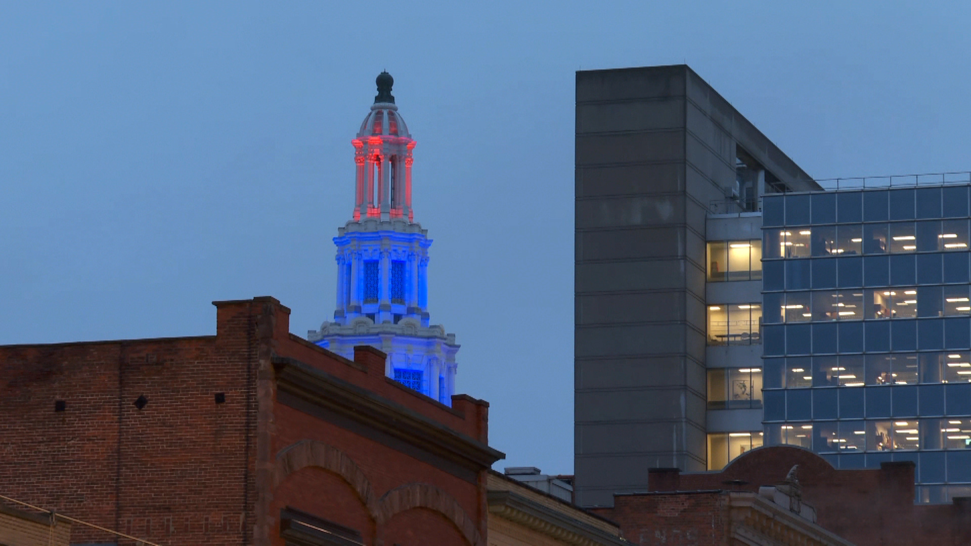 The Buffalo City Hall lit up in blue on January 3.