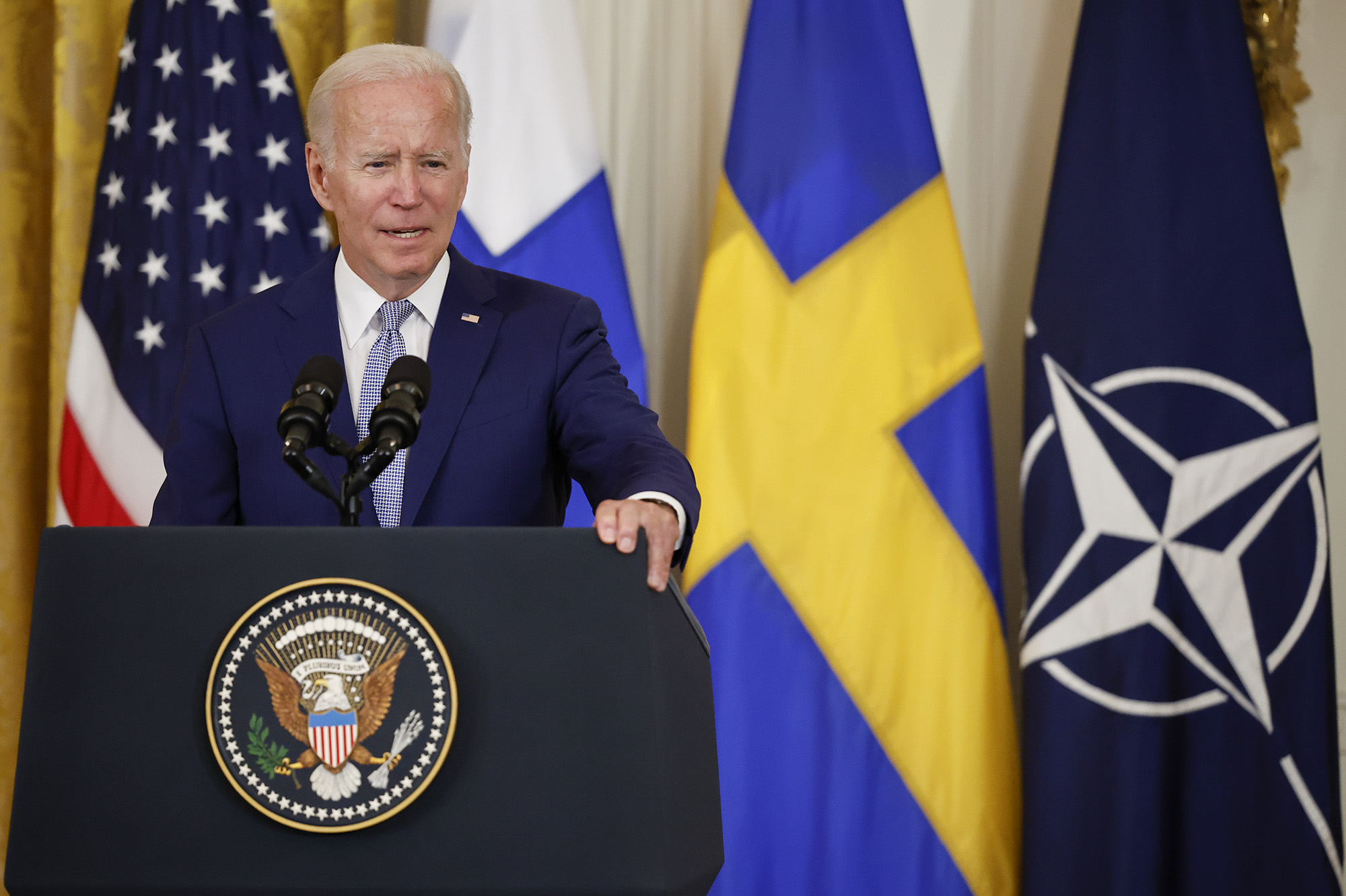 President Joe Biden speaks before signing the agreement for Finland and Sweden to be included in the North Atlantic Treaty Organization (NATO) in the East Room of the White House on August 9. 
