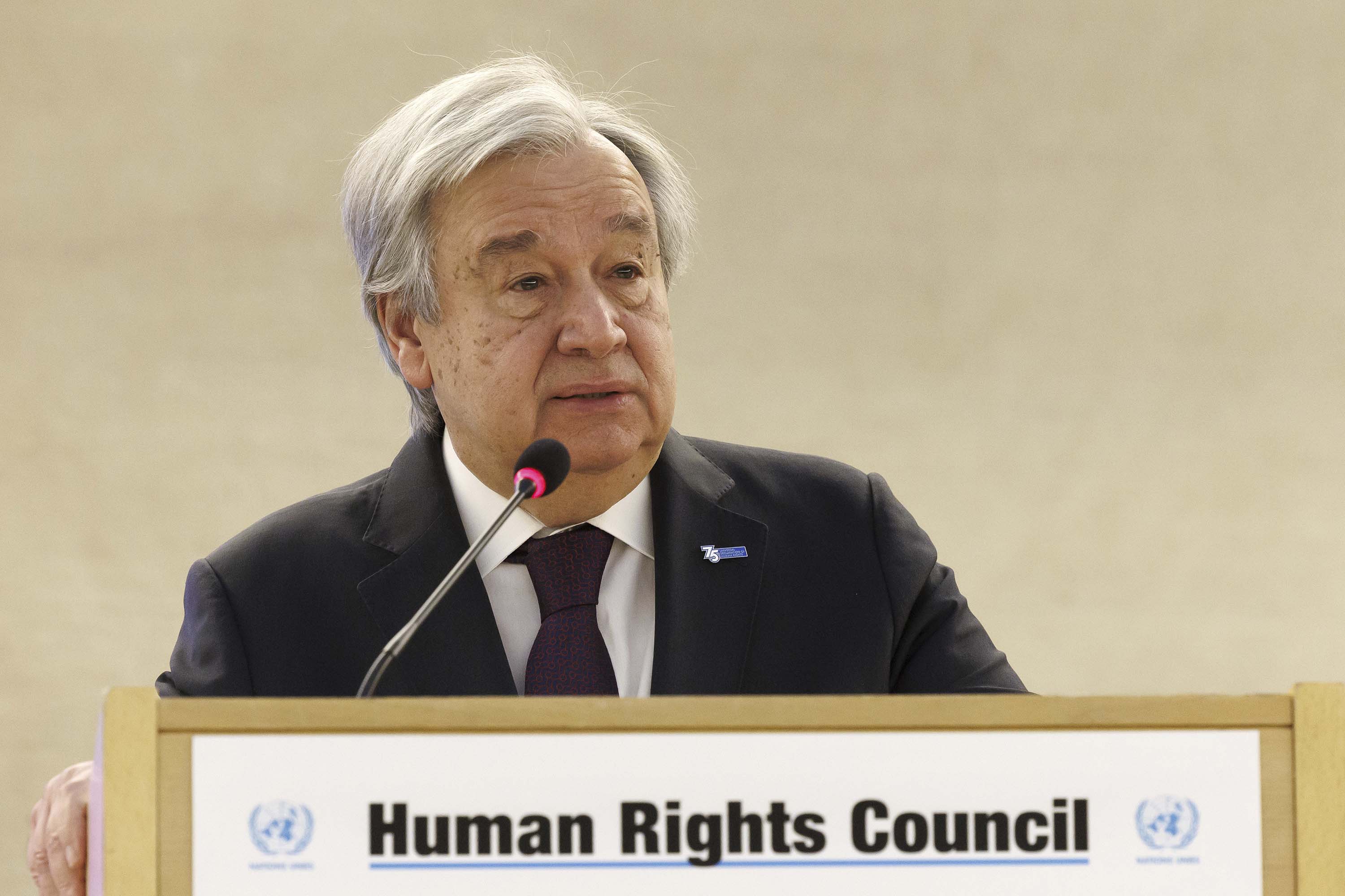 United Nations Secretary-General António Guterres speaks during a UN Human Rights Council meeting in Geneva, Switzerland, on Monday, February 27.