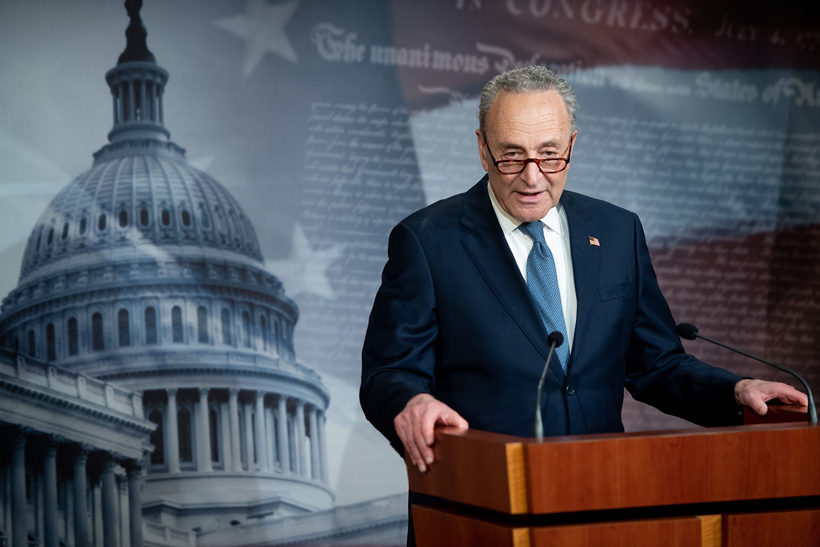 US Senate Minority Leader Chuck Schumer speaks during a press conference at the US Capitol in Washington, DC, April 21.