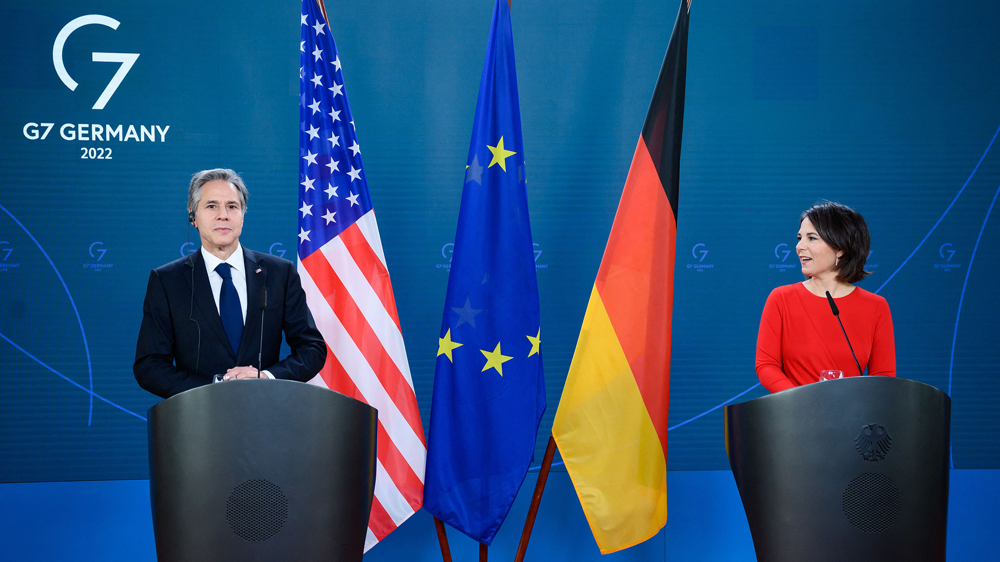 German Foreign Minister Annalena Baerbock, right, and US Secretary of State Antony Blinken, left, address journalists following a meeting at the Foreign Ministry in Berlin, Germany, on June 24.