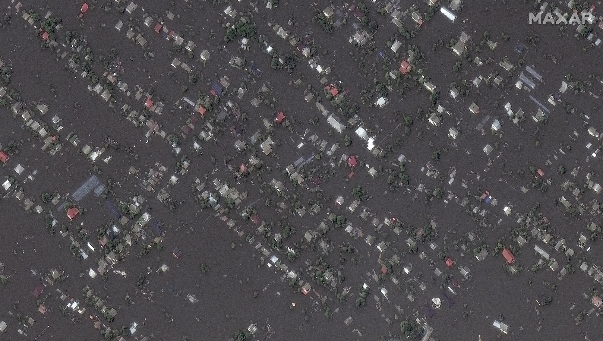 Satellite image shows Oleshky, Ukraine, after flooding, on June 7.