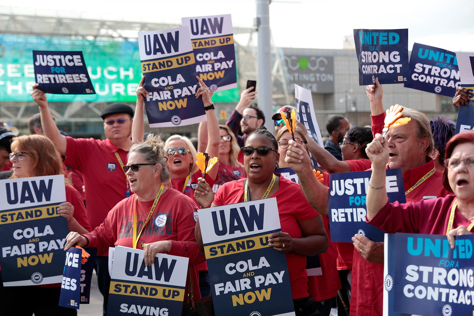 United Auto Workers from Louisville, Kentucky, rally in support of striking UAW members, in Detroit, Michigan, on September 15.
