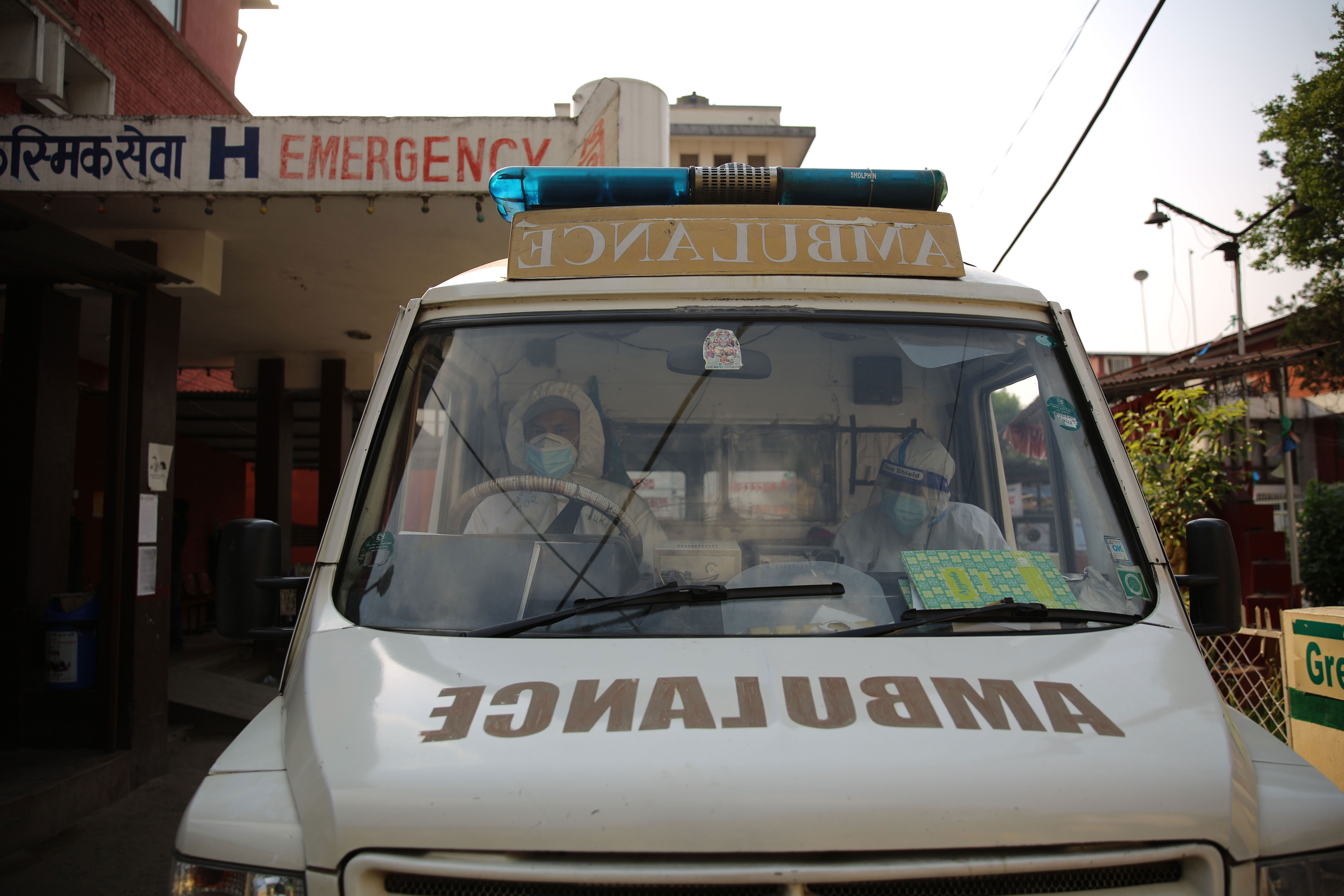 An ambulance carrying Covid-19 patients is at a hospital in Kathmandu, Nepal, on April 26.