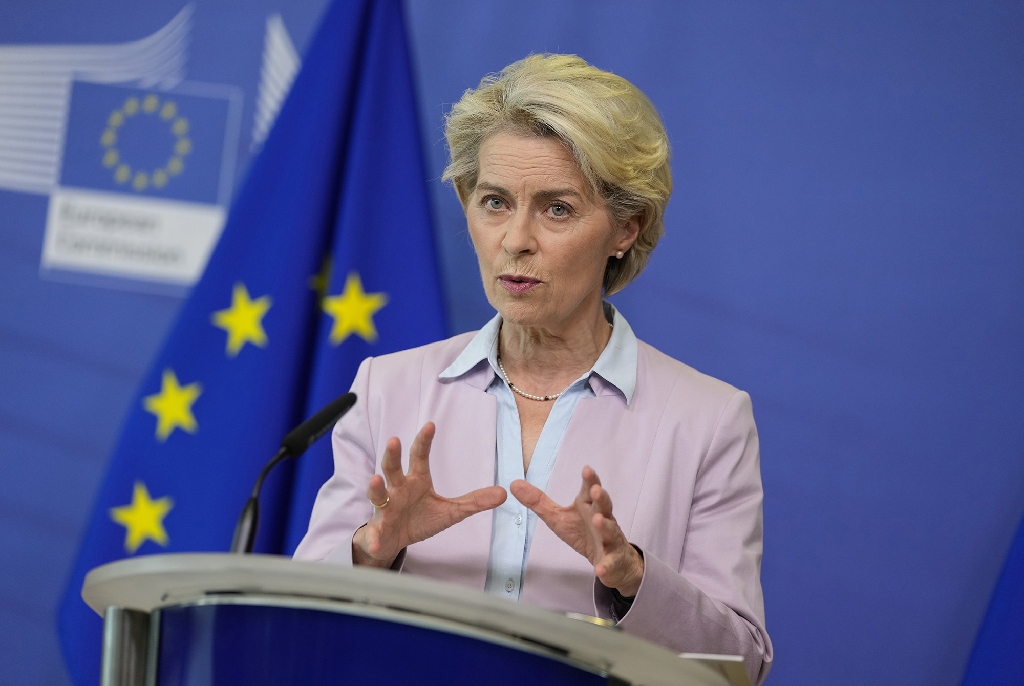 European Commission President Ursula von der Leyen speaks during a media conference at the EU headquarters in Brussels, Belgium, on September 7.