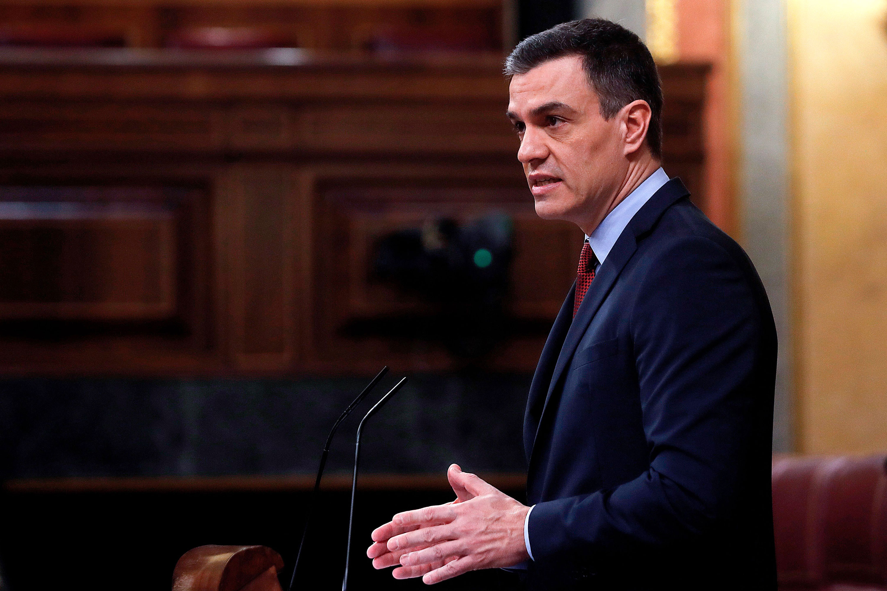 Spanish Prime Minister Pedro Sánchez delivers a speech during a session at Spanish Parliament in Madrid on April 22.