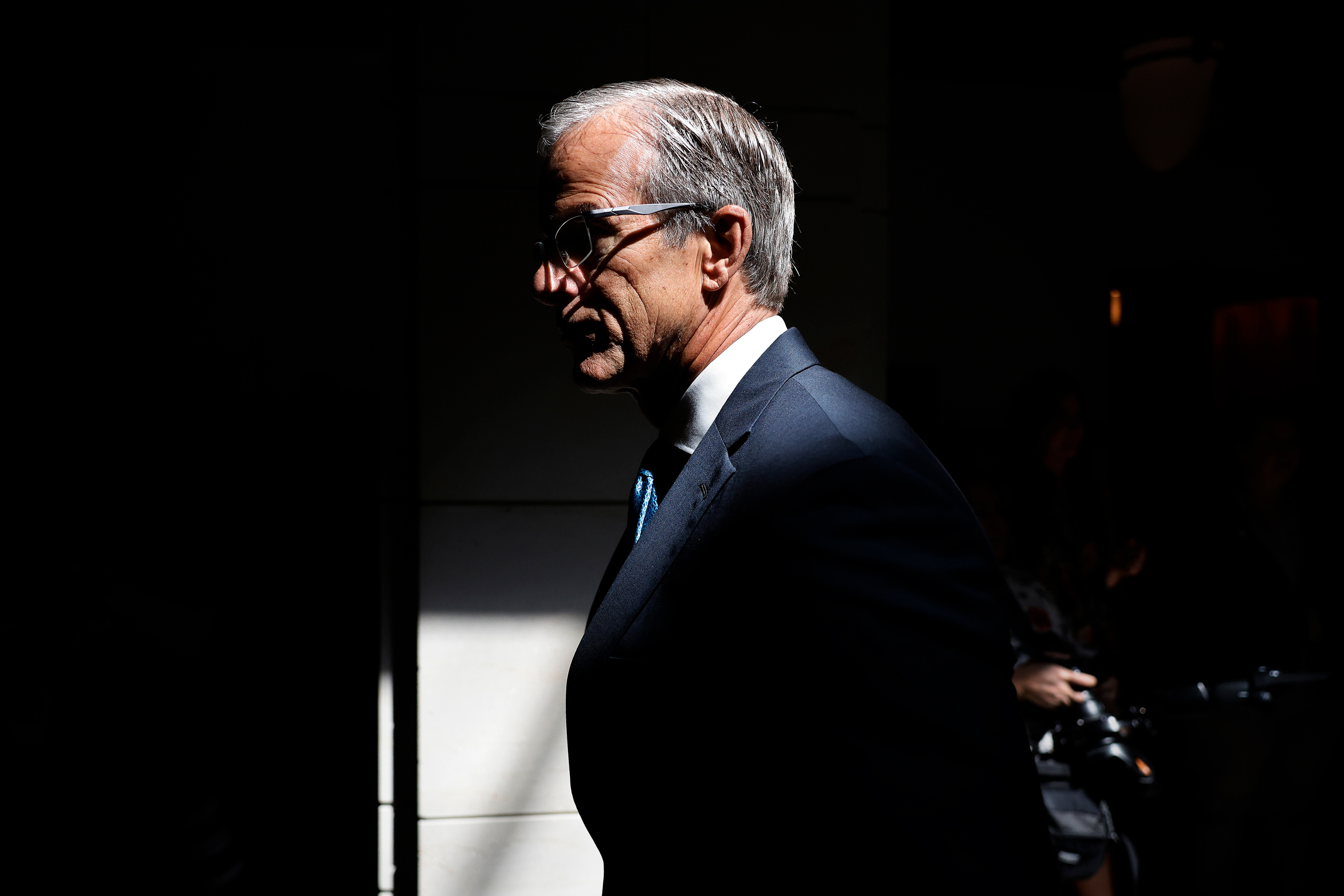 Senate Minority Whip John Thune arrives for a closed-door briefing at the US Capitol Visitors Center on April 19, in Washington, DC. 