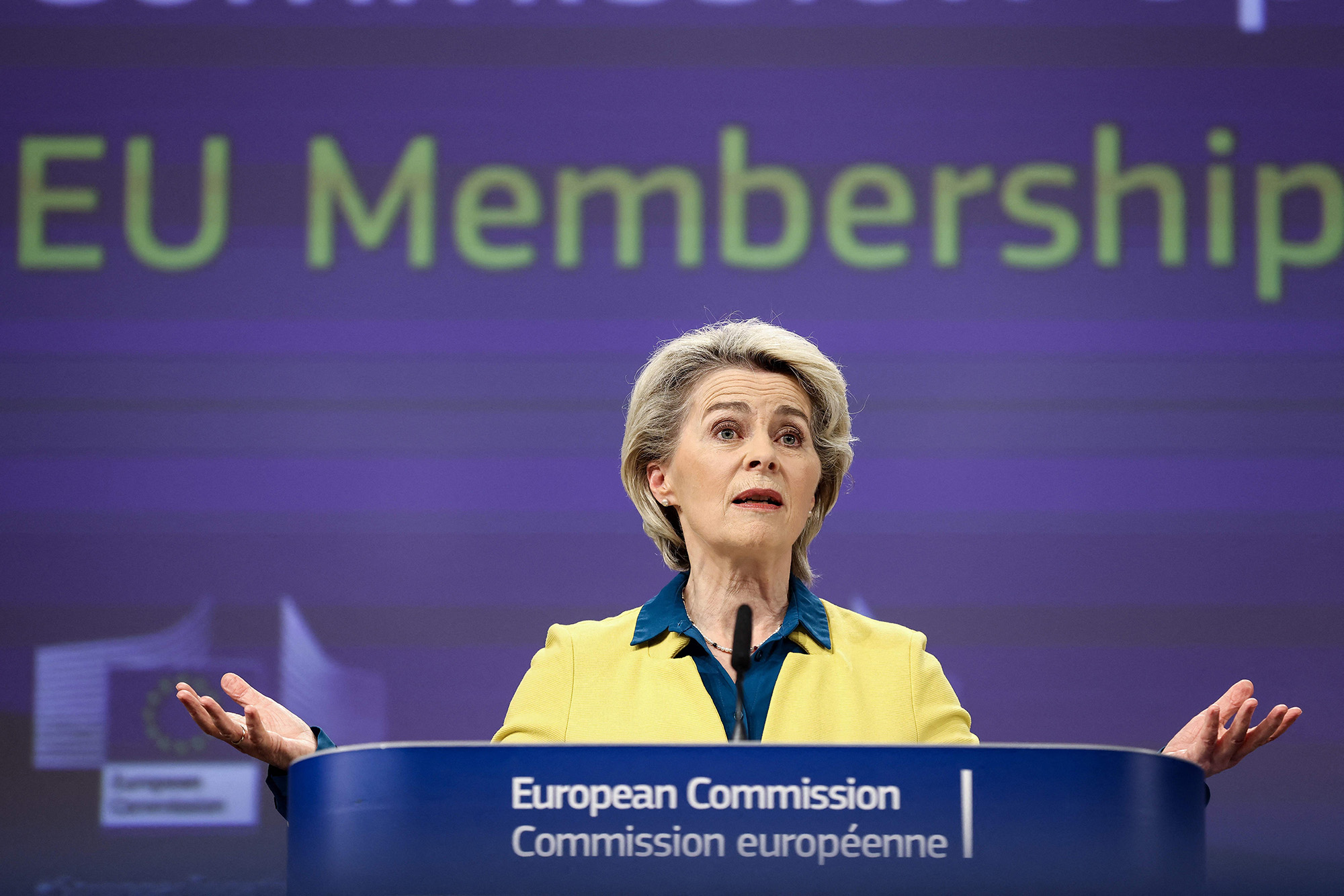 European Commission President Ursula von der Leyen gives a press conference on the EU membership applications by Ukraine, Moldova and Georgia at the European Commission headquarters in Brussels, Belgium, on June 17.