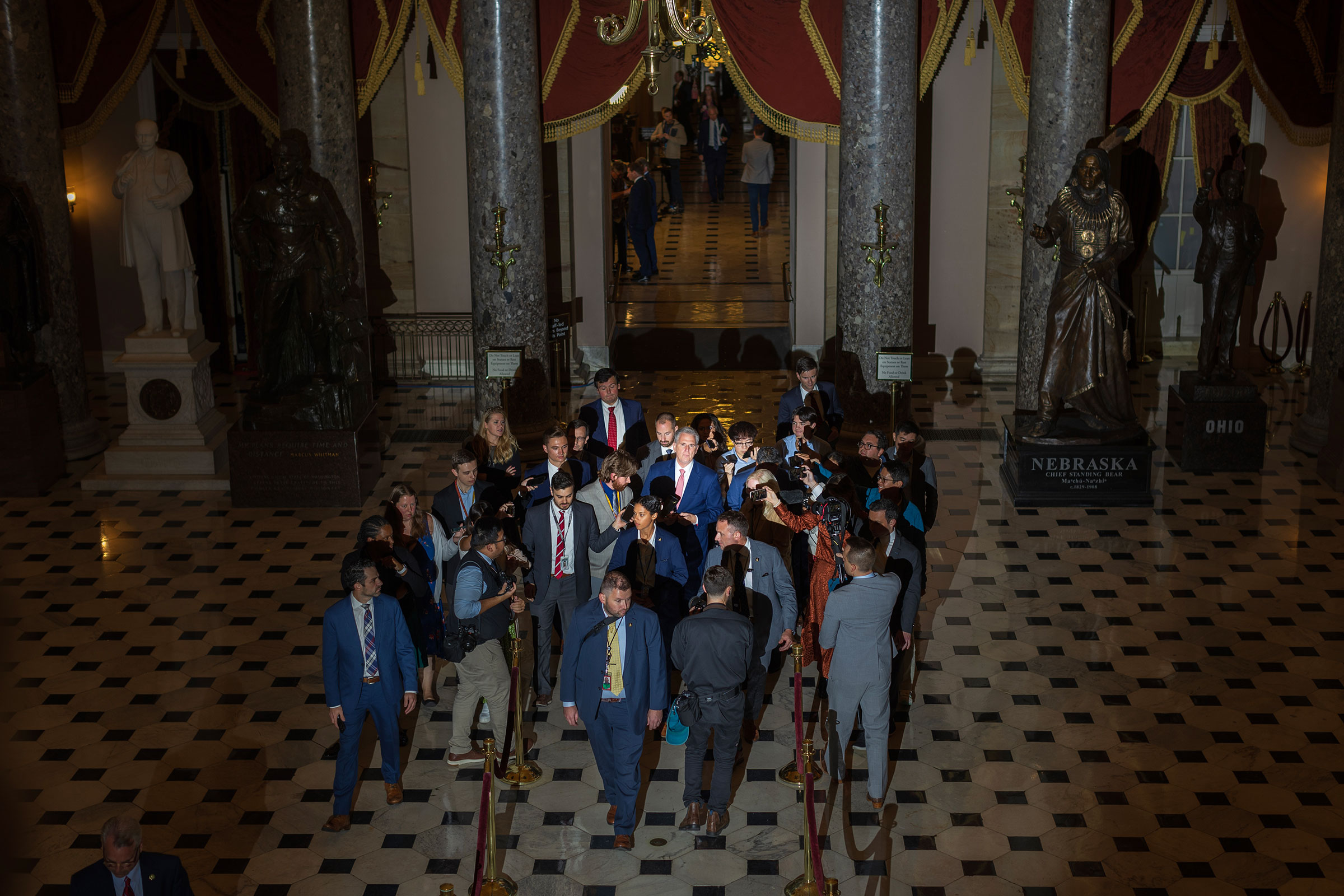 House Speaker Kevin McCarthy speaks to journalists inside Statuary Hall, following a vote at the Capitol, on Thursday, September 28, 2023.