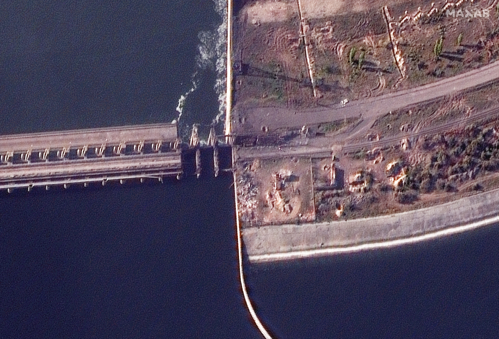 A satellite image shows the extent of damage on the Nova Kakhovka dam in the Kherson region.