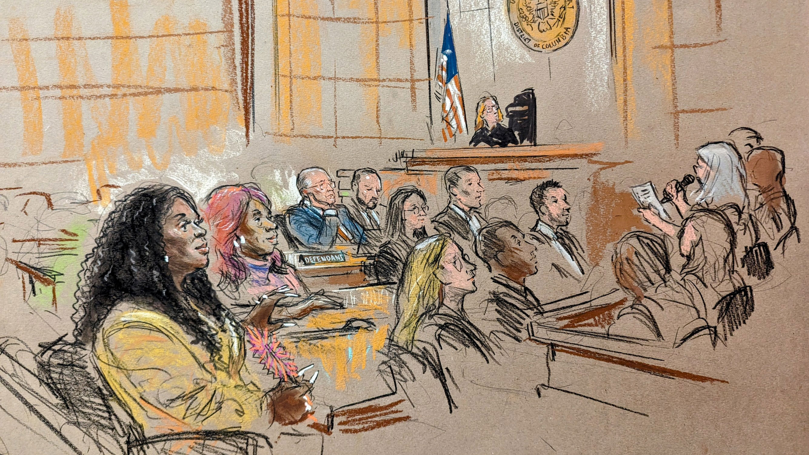 A sketch shows the scene inside the courtroom as the verdict is read in the defamation trial of Rudy Giuliani on Friday. 