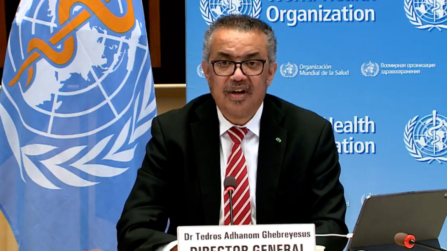 Tedros Adhanom Ghebreyesus, director-general of the World Health Organization, speaks during Thursday's news briefing.