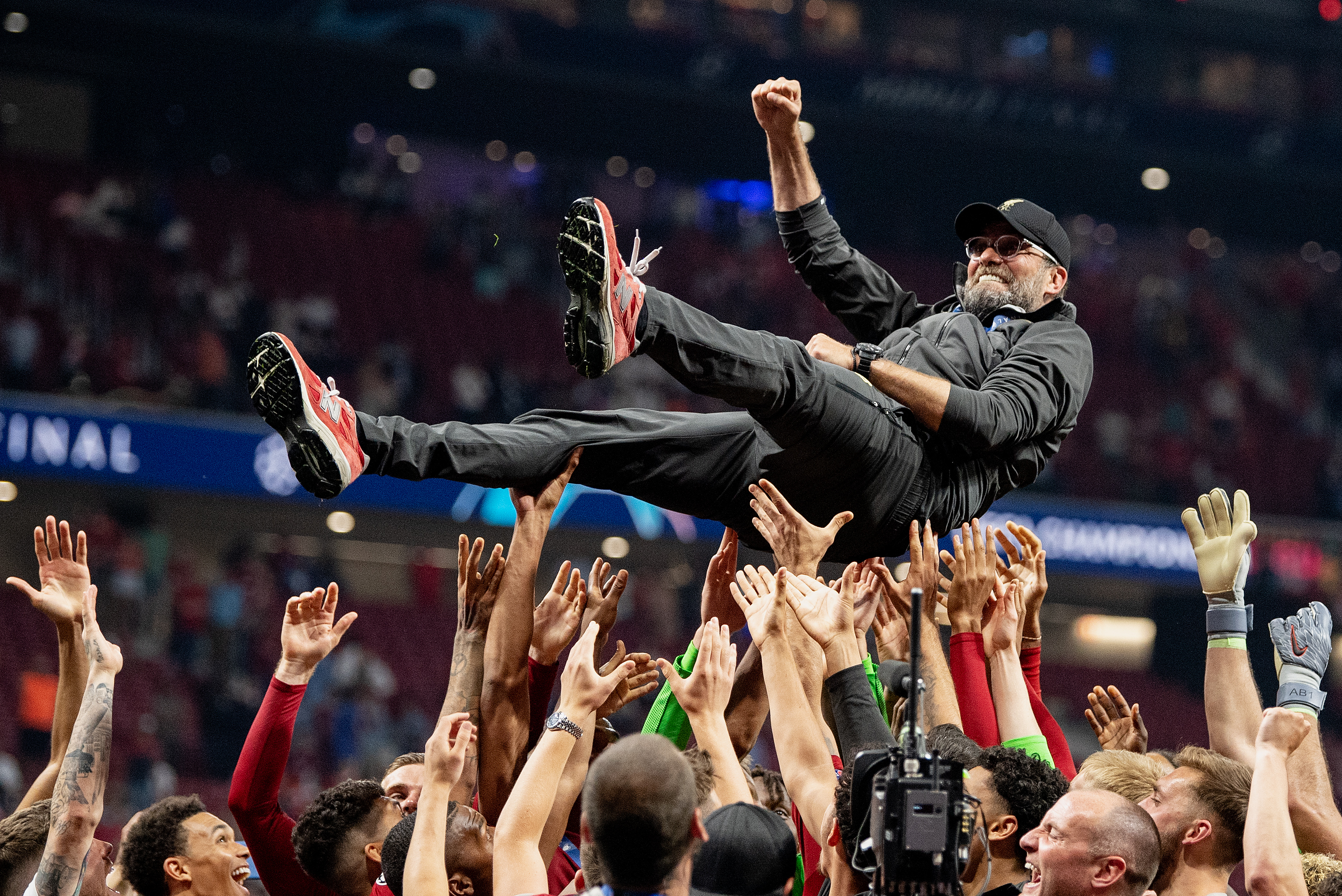 Liverpool coach Jurgen Klopp celebrates after winning the 2019 Champions League final.