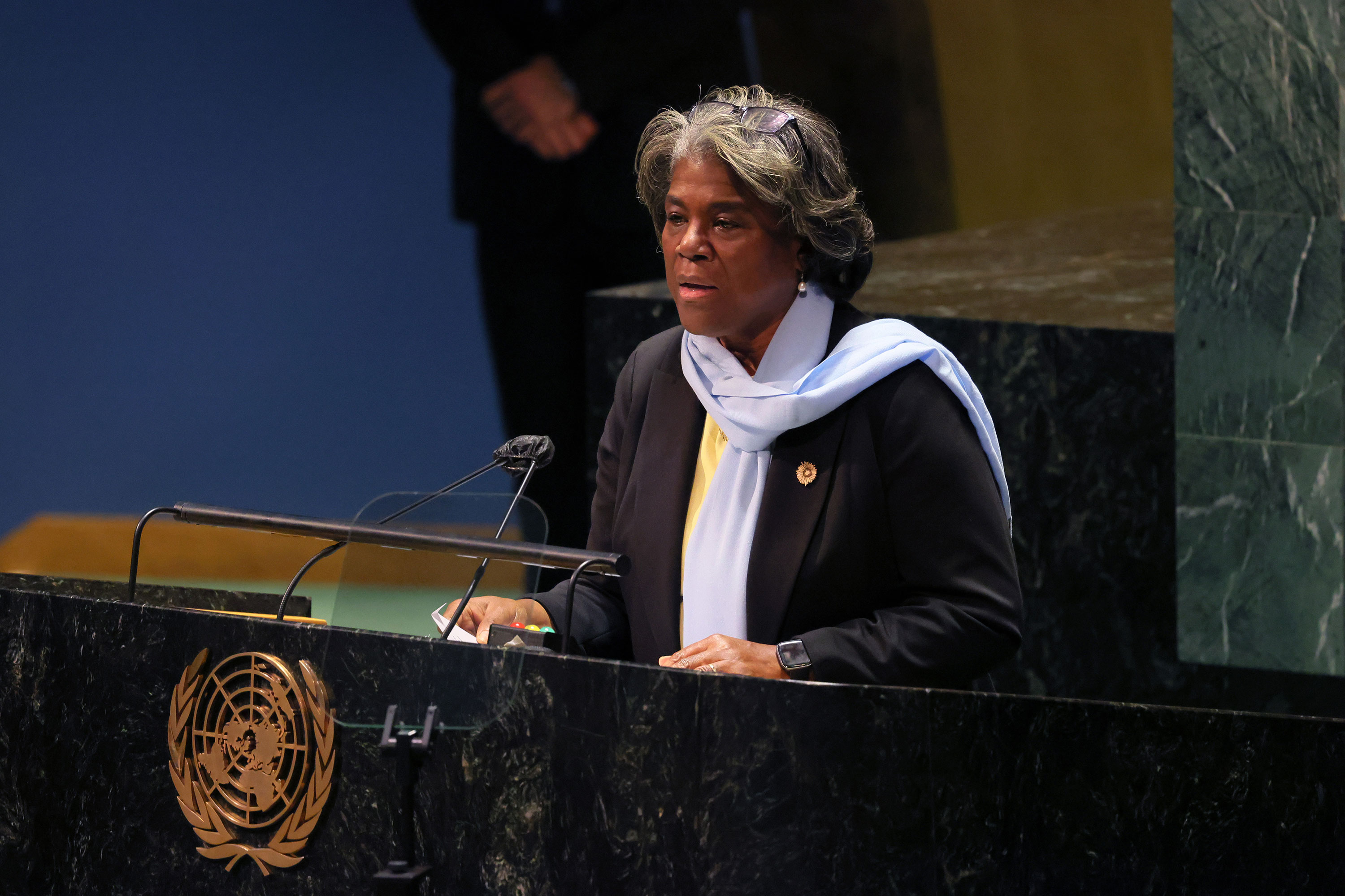 Linda Thomas-Greenfield, the US ambassador to the United Nations, speaks during a special session of the General Assembly at the United Nations headquarters on March 2.
