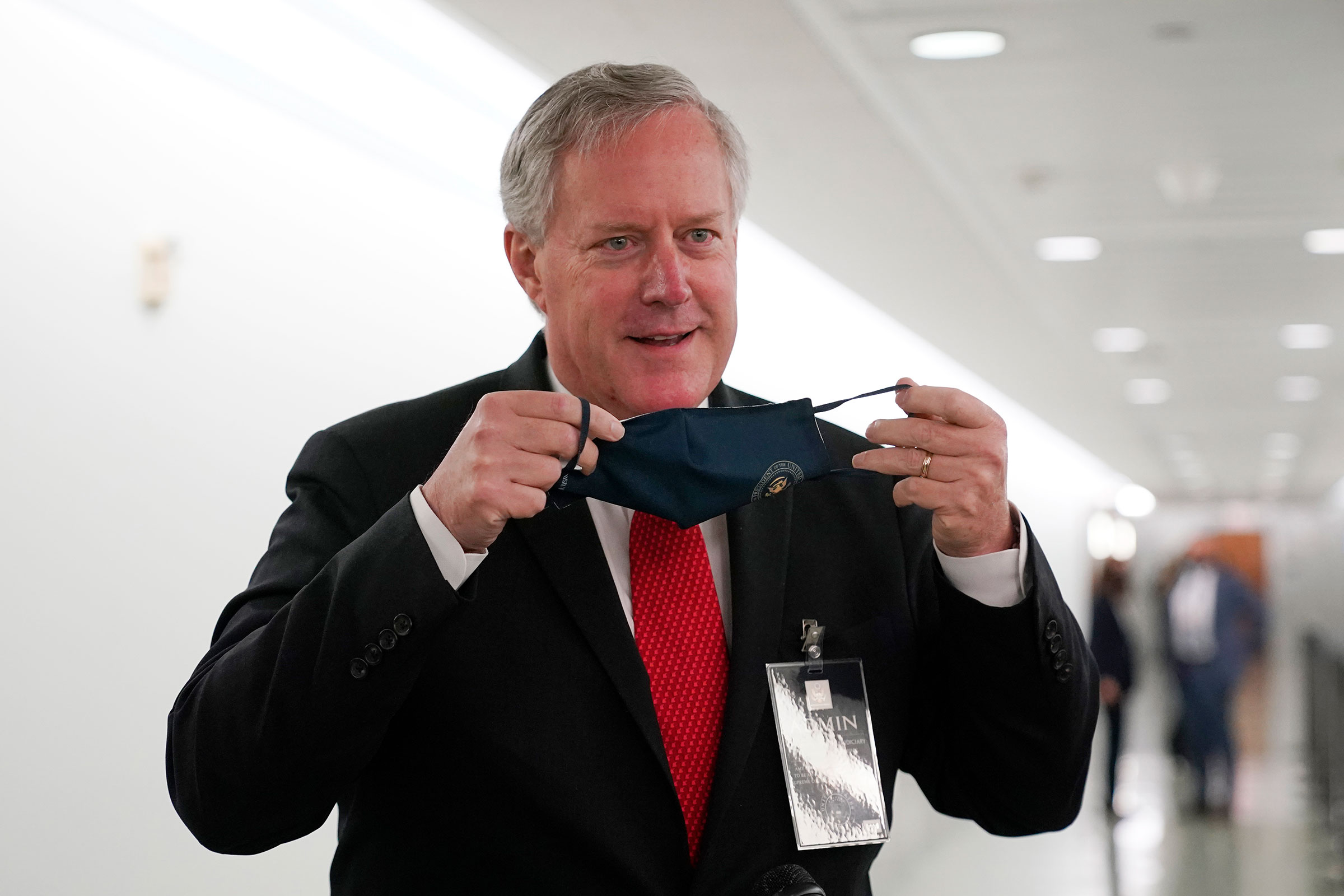 White House Chief of Staff Mark Meadows speaks to the media during a break in the confirmation hearing for Supreme Court nominee Amy Coney Barrett before the Senate Judiciary Committee on October 12 in Washington, DC. 