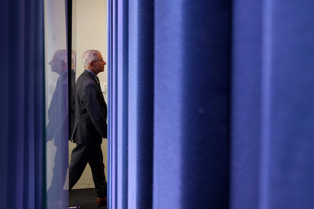 National Institute of Allergy and Infectious Diseases Director Anthony Fauci leaves after the daily briefing of the White House Coronavirus Task Force on April 10 at the White House in Washington.
