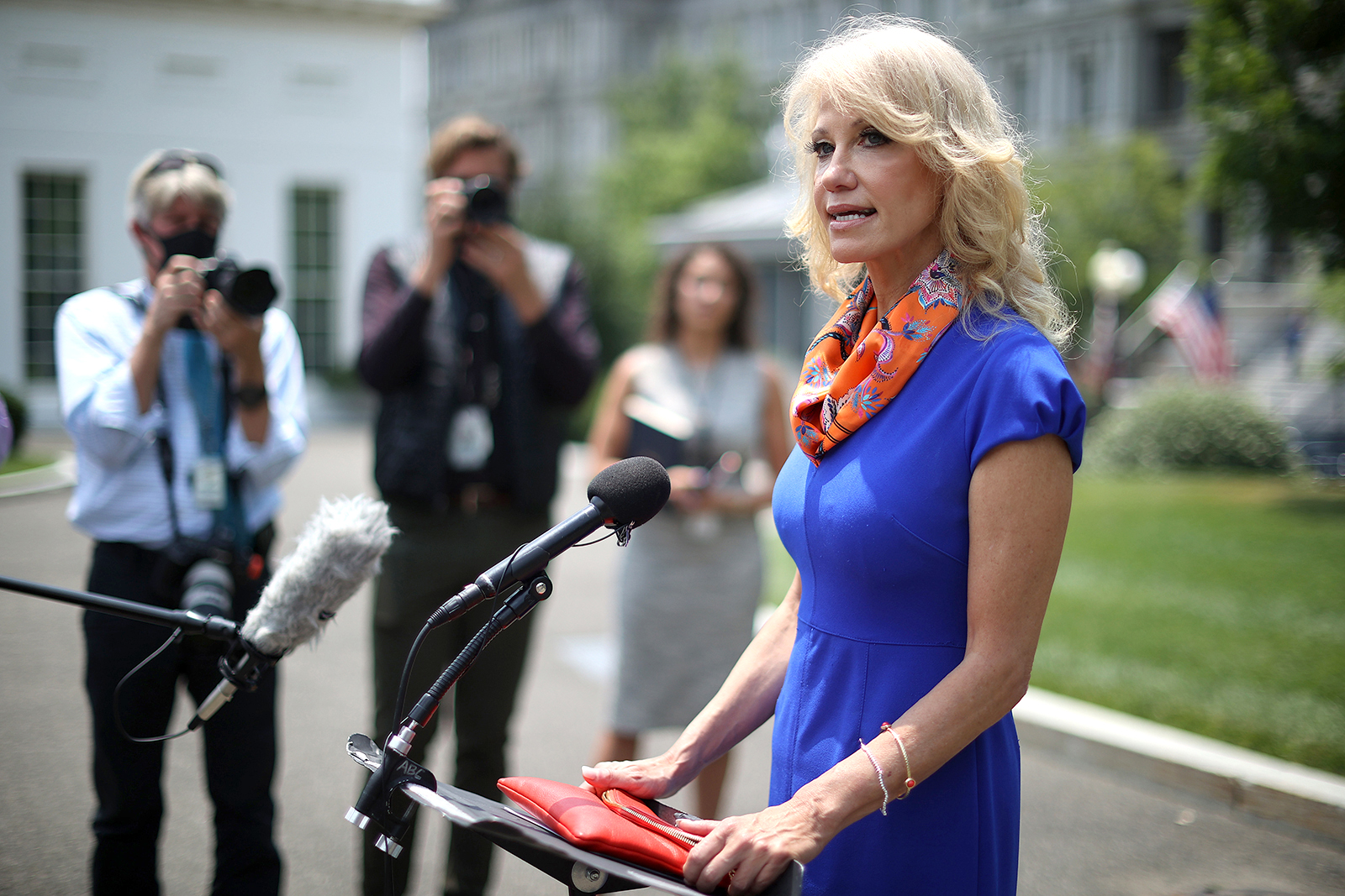 Kellyanne Conway, counselor to President Donald Trump, talks to reporters outside the White House West Wing in Washington, DC on July 07.