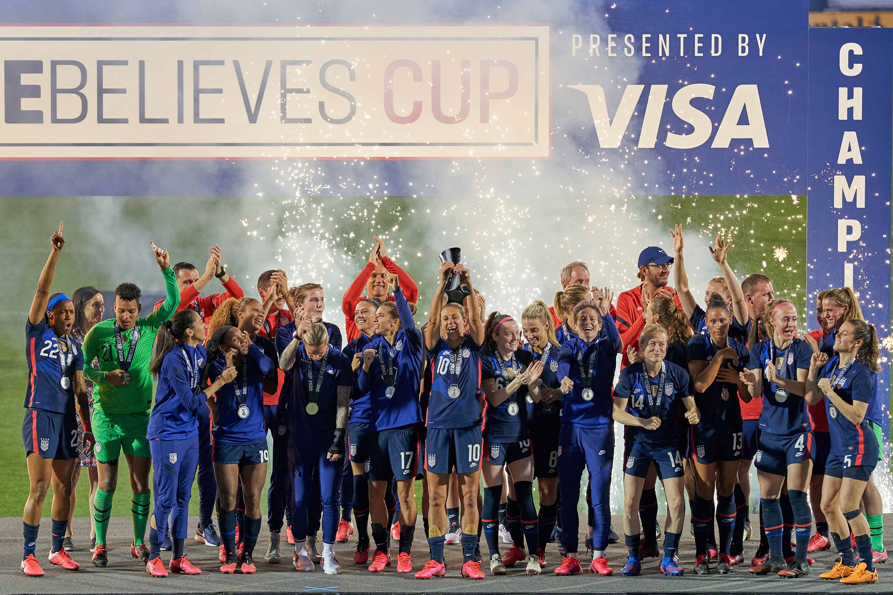 The United States poses with the 2020 SheBelieves Cup Championship trophy at Toyota Stadium in Frisco, Texas, on Wednesday.