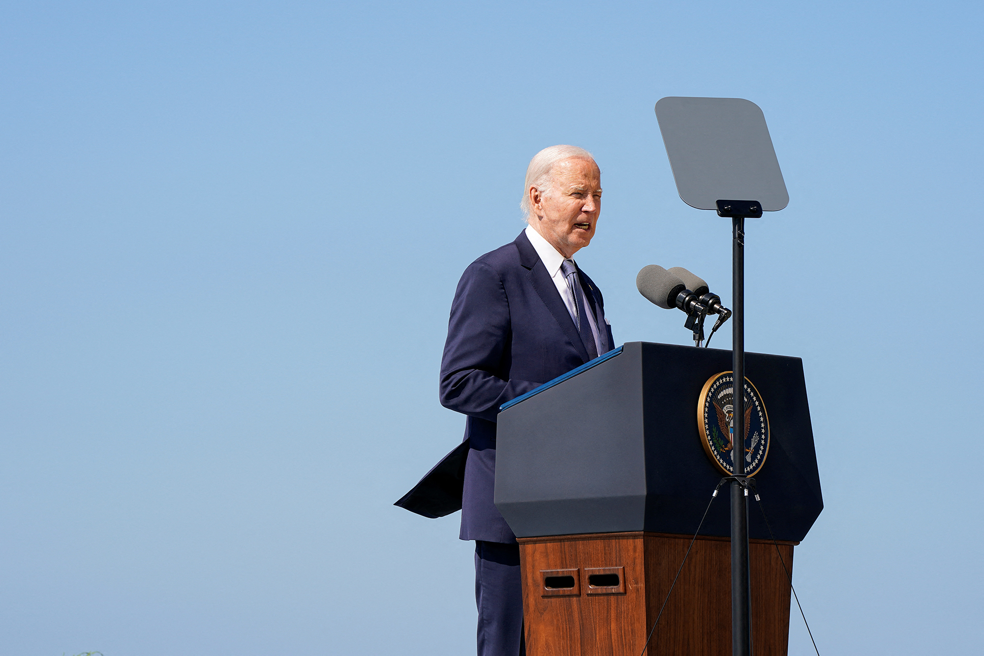 U.S. President Joe Biden delivers remarks at the World War II Pointe du Hoc Ranger Monument following the 80th anniversary of the 1944 D-Day landings in Cricqueville-en-Bessin, Normandy, France, on June 7.