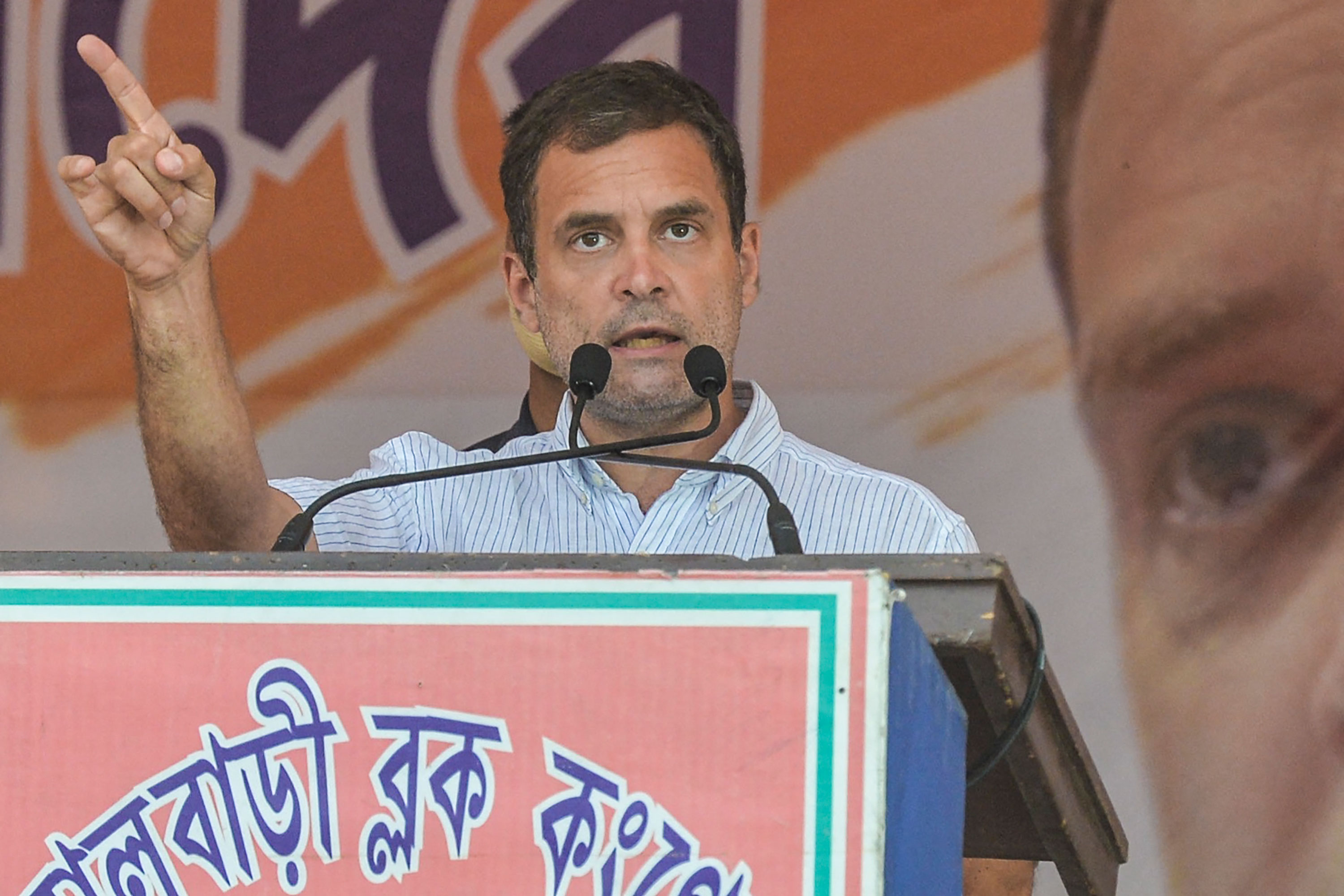 India's Congress party leader Rahul Gandhi gestures as he addresses a rally during an election campaign at Shibmandir on the outskirts of Siliguri on April 14.