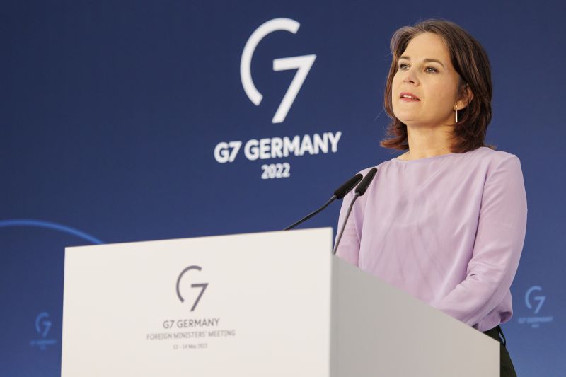 German Foreign Minister Annalena Baerbock speaks at a press conference after the G7 Foreign Ministers meeting in Berlin, on Saturday.
