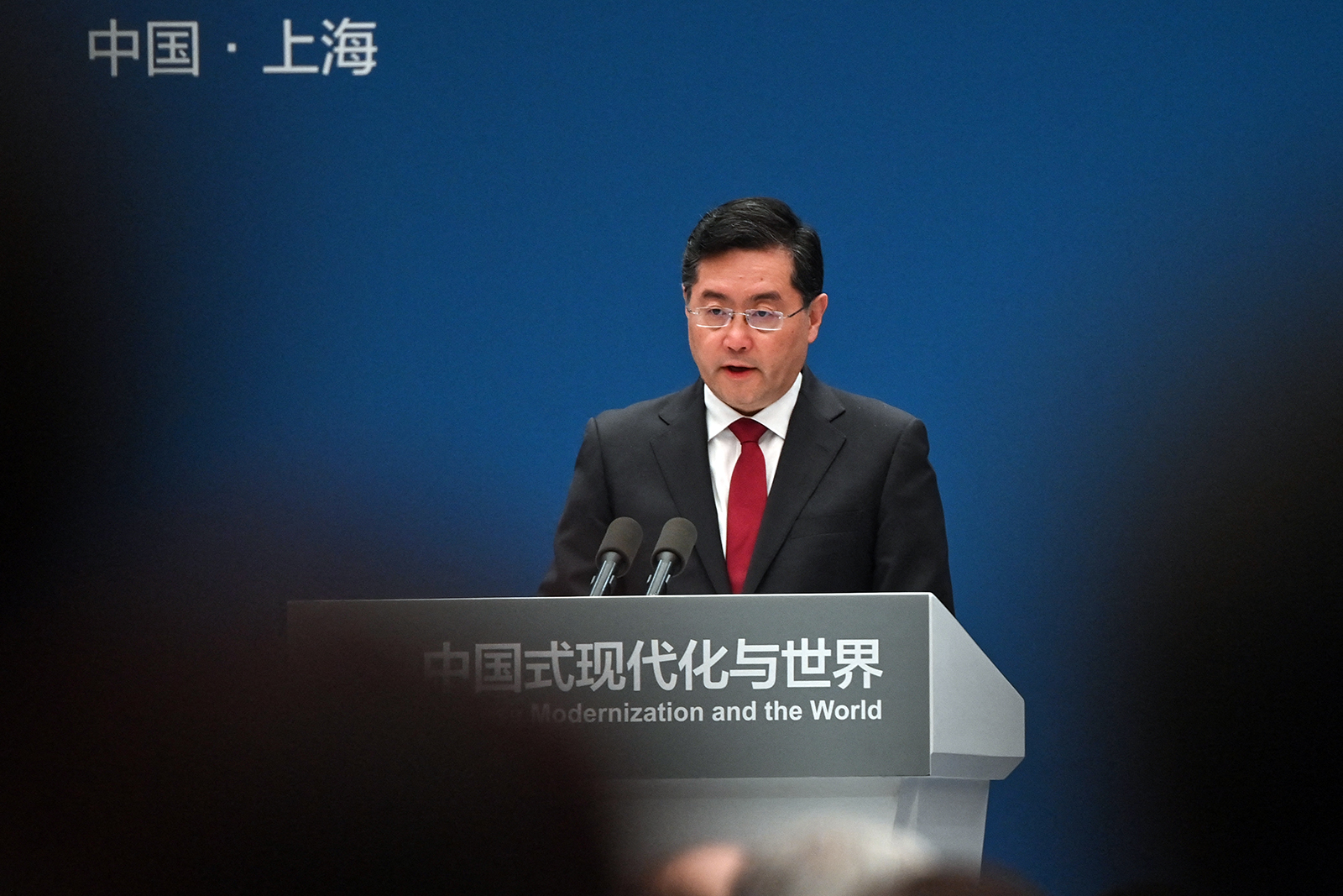 Qin Gang delivers a speech in Shanghai, on April 21.
