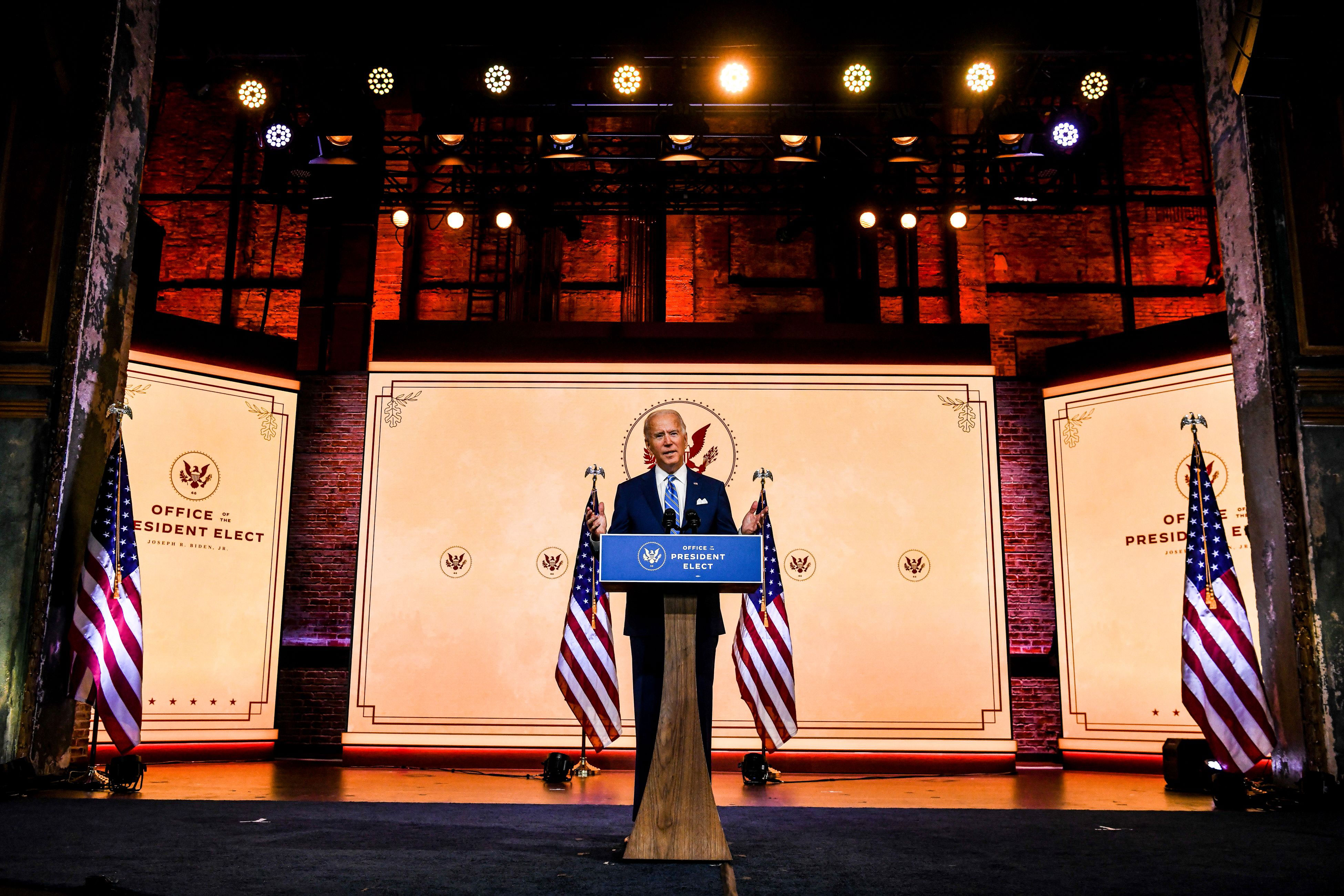 President-elect Joe Biden delivers a Thanksgiving address at The Queen theater in Wilmington, Delaware, on November 25.