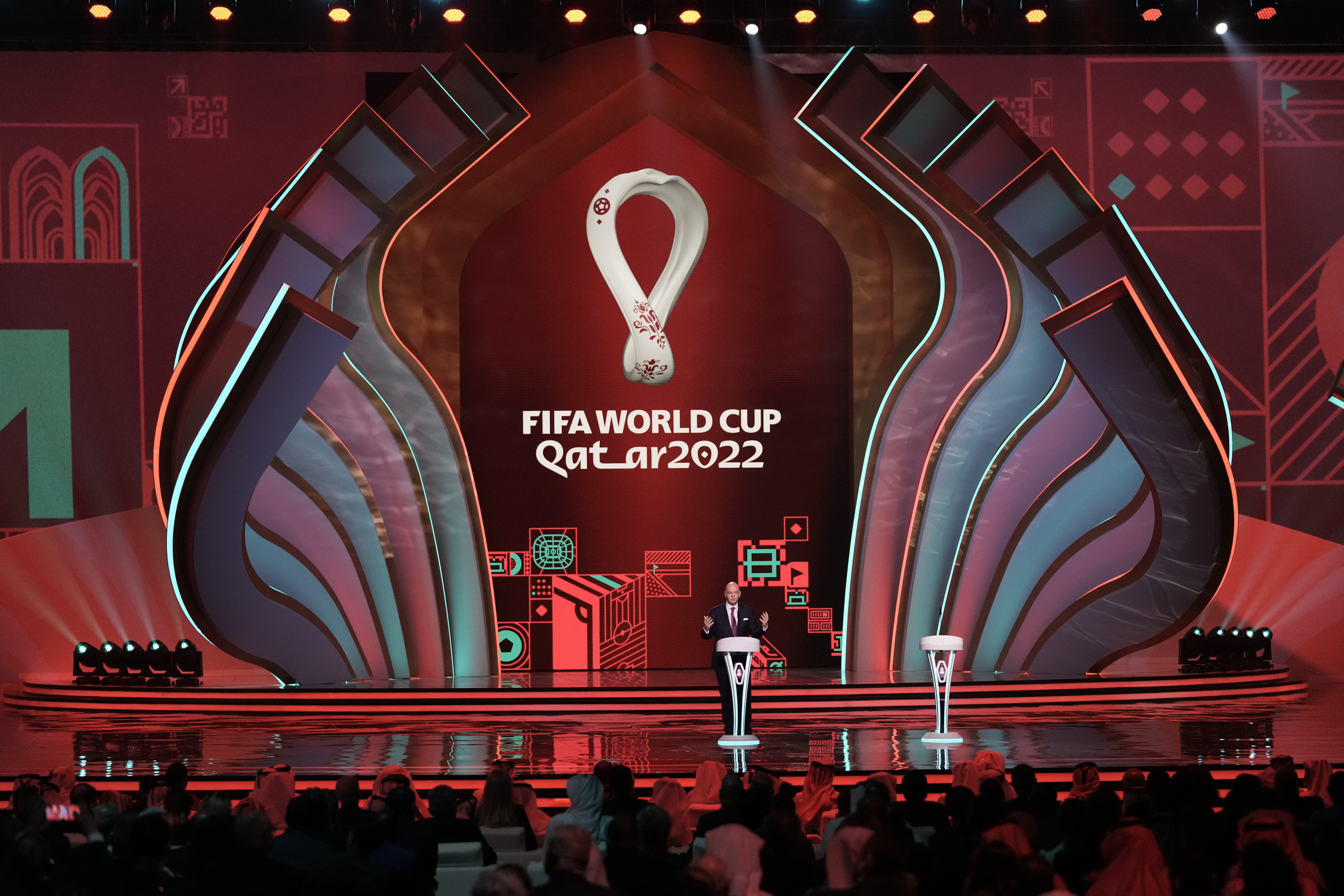 FIFA President Gianni Infantino speaks at the World Cup draw in Doha, Qatar on April 1. 