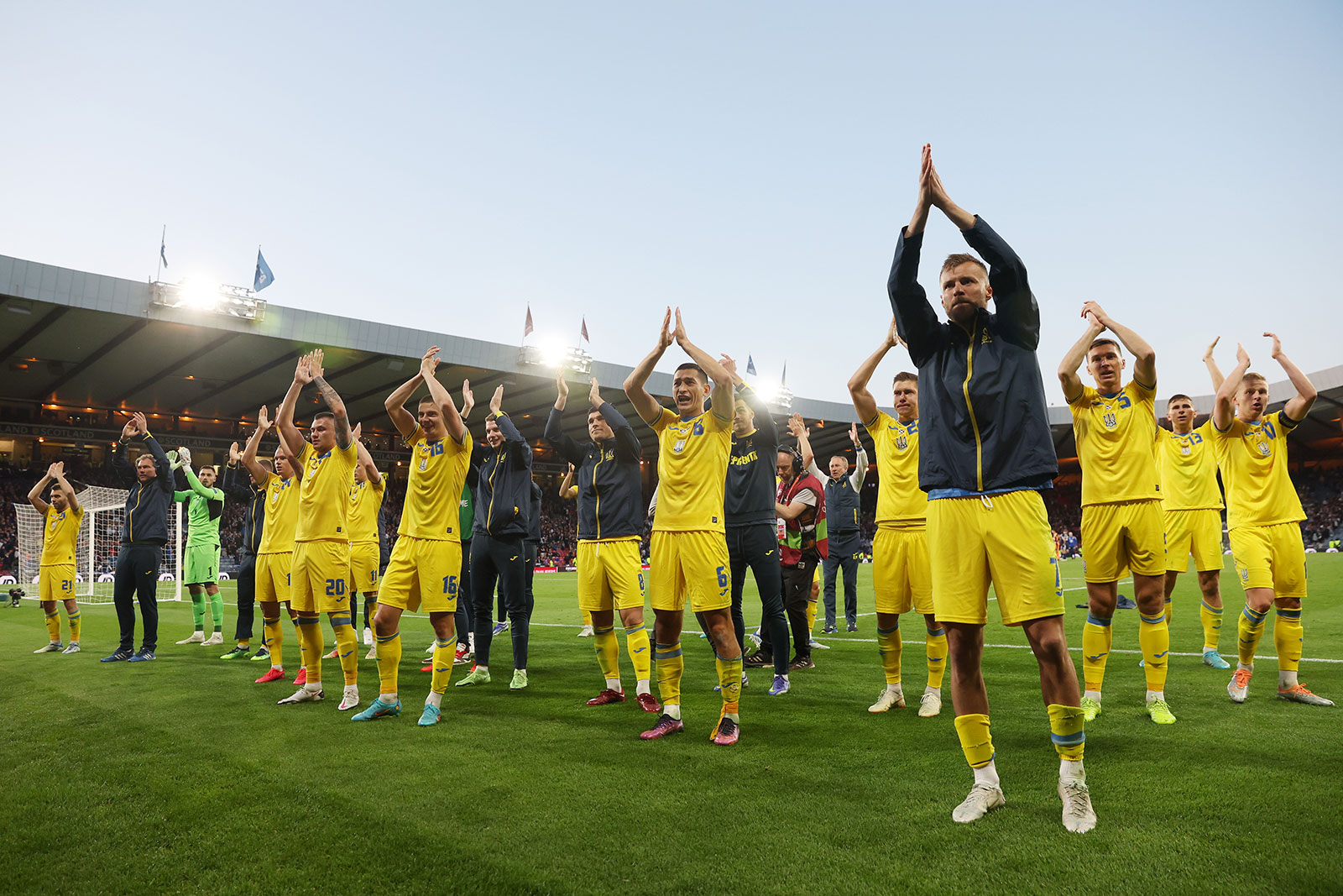 Ukraine players celebrate with fans after their win against Scotland at Hampden Park on June 1. 