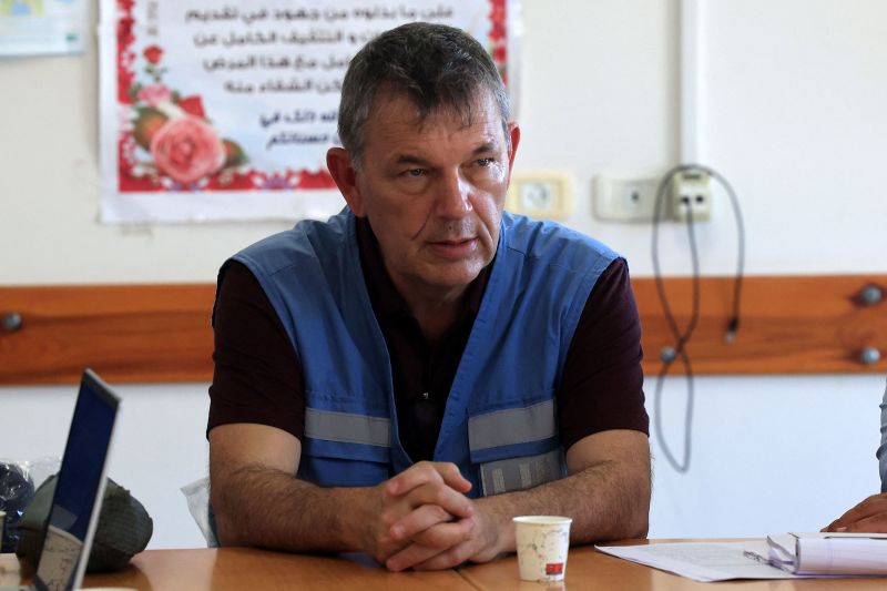 The United Nations Relief and Works Agency for Palestine Refugees in the Near East (UNRWA) Commissioner-General Philippe Lazzarini attends a meeting in Rafah after crossing into the Palestinian enclave through the Rafah border crossing with Egypt on November 1.