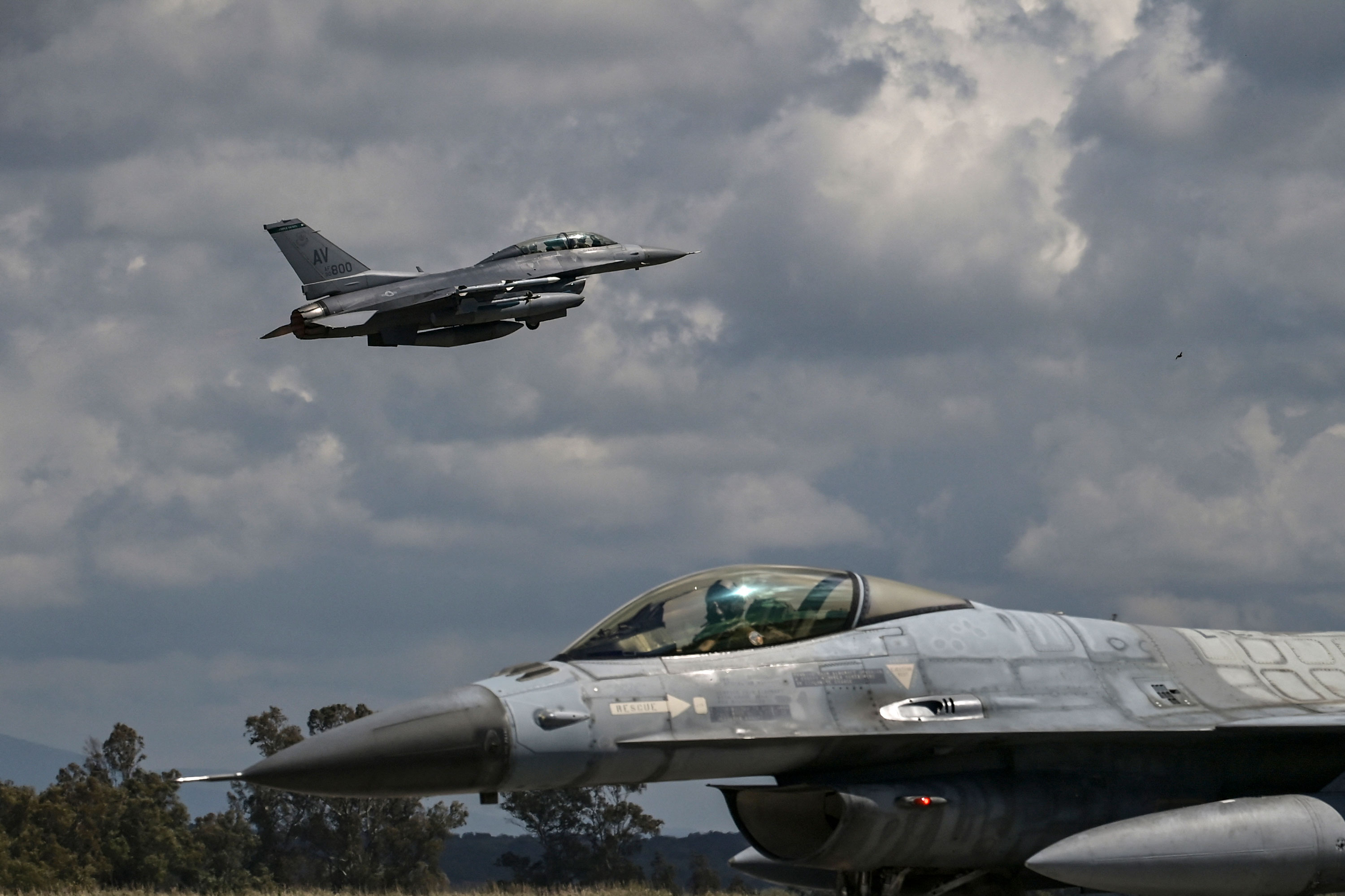 A US Air Force F-16 jet takes off from a military airport in Andravida, Greece, in April 2021.