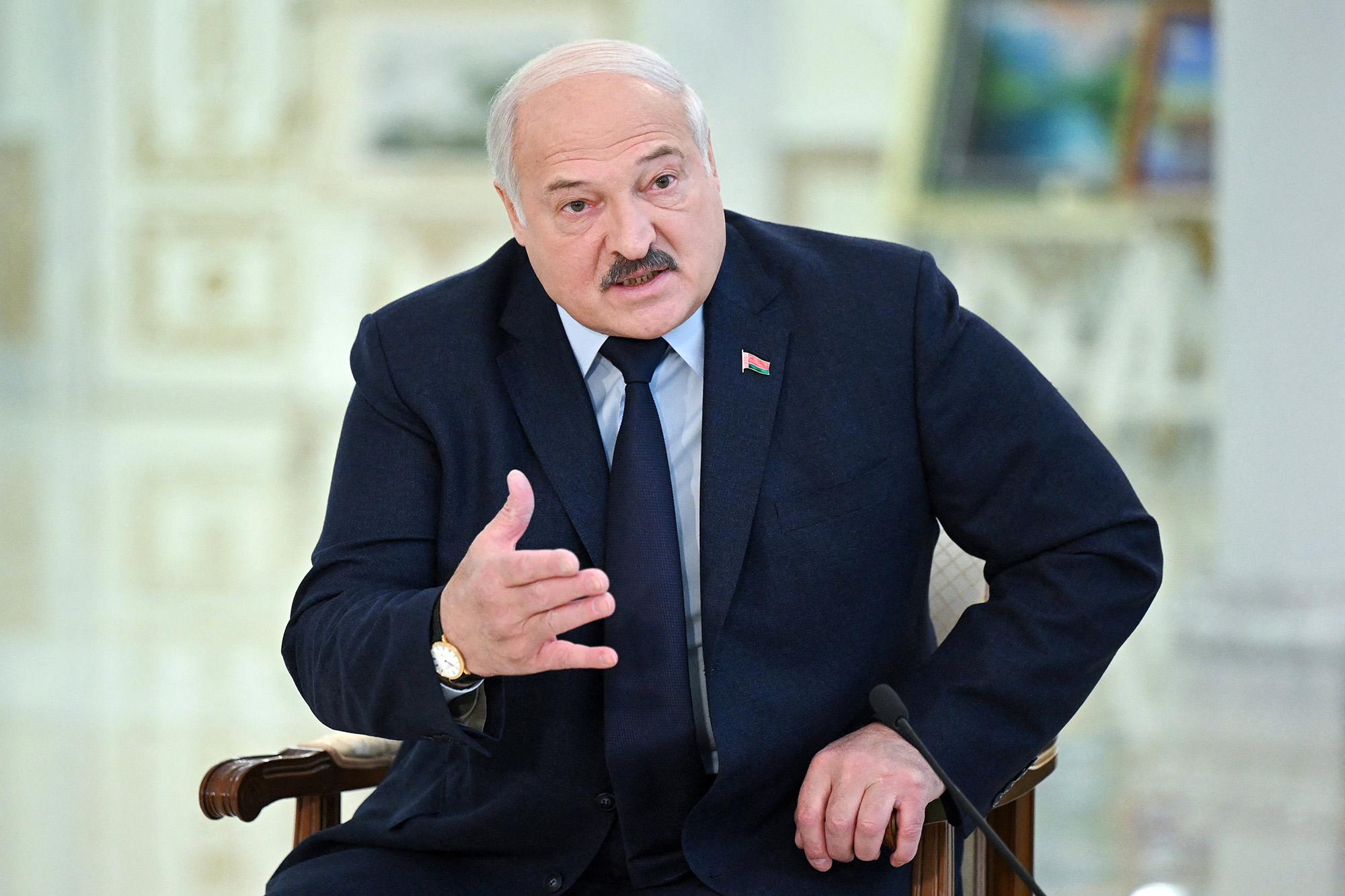 Belarus' President Alexander Lukashenko speaks as he meets with foreign media at the Independence Palace, in Minsk, Belarus, on February 16.