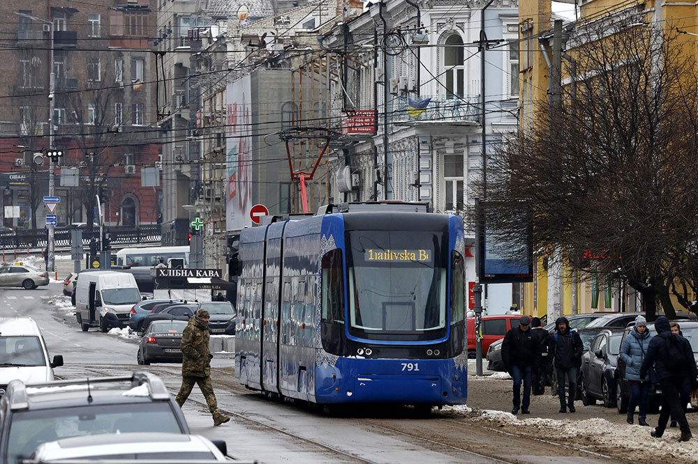 A photo taken on January 13, shows an electric streetcar in Ukraine's capital Kyiv after the tram service was partially resumed. 