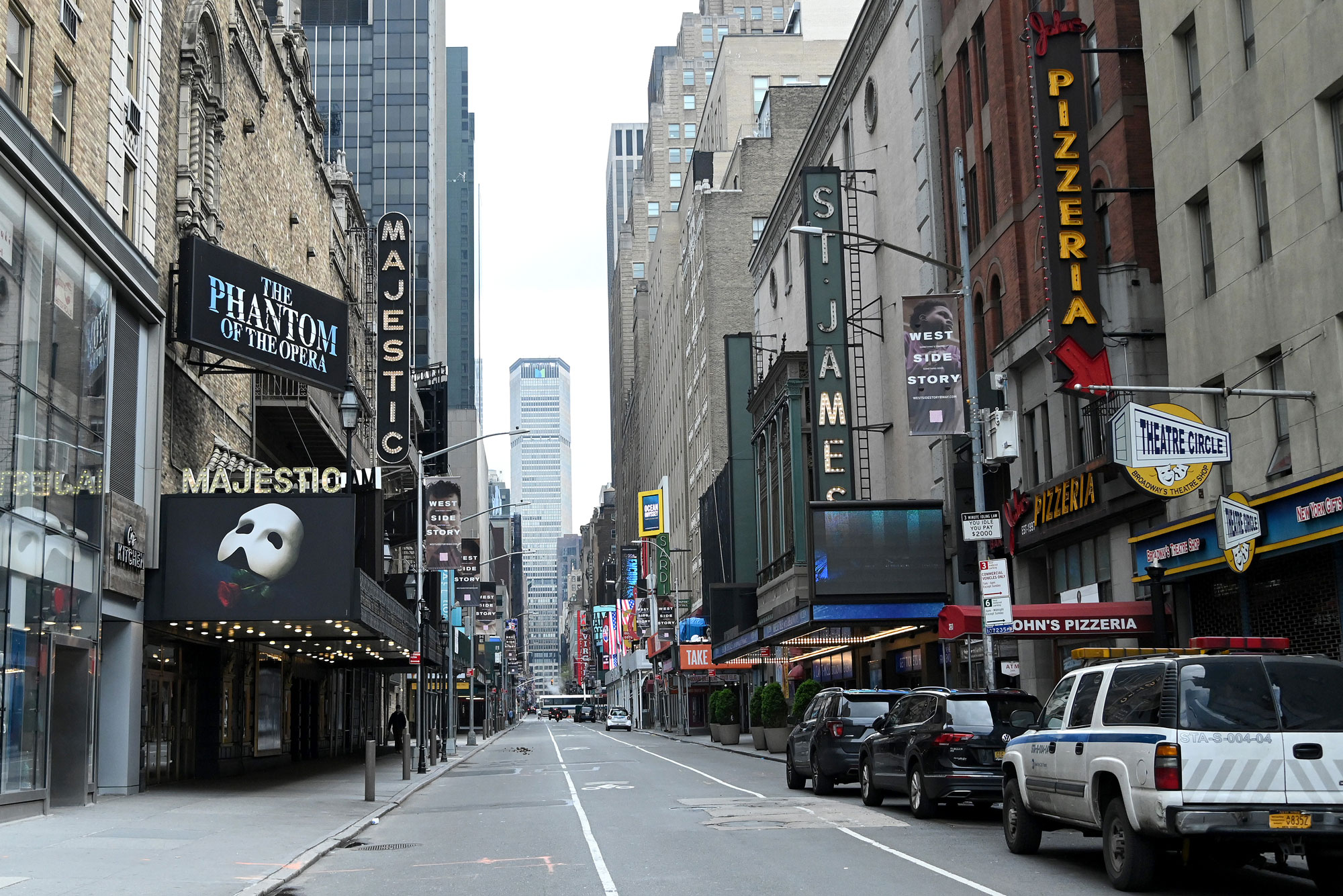 Broadway theaters sit closed on April 8 in New York City. 