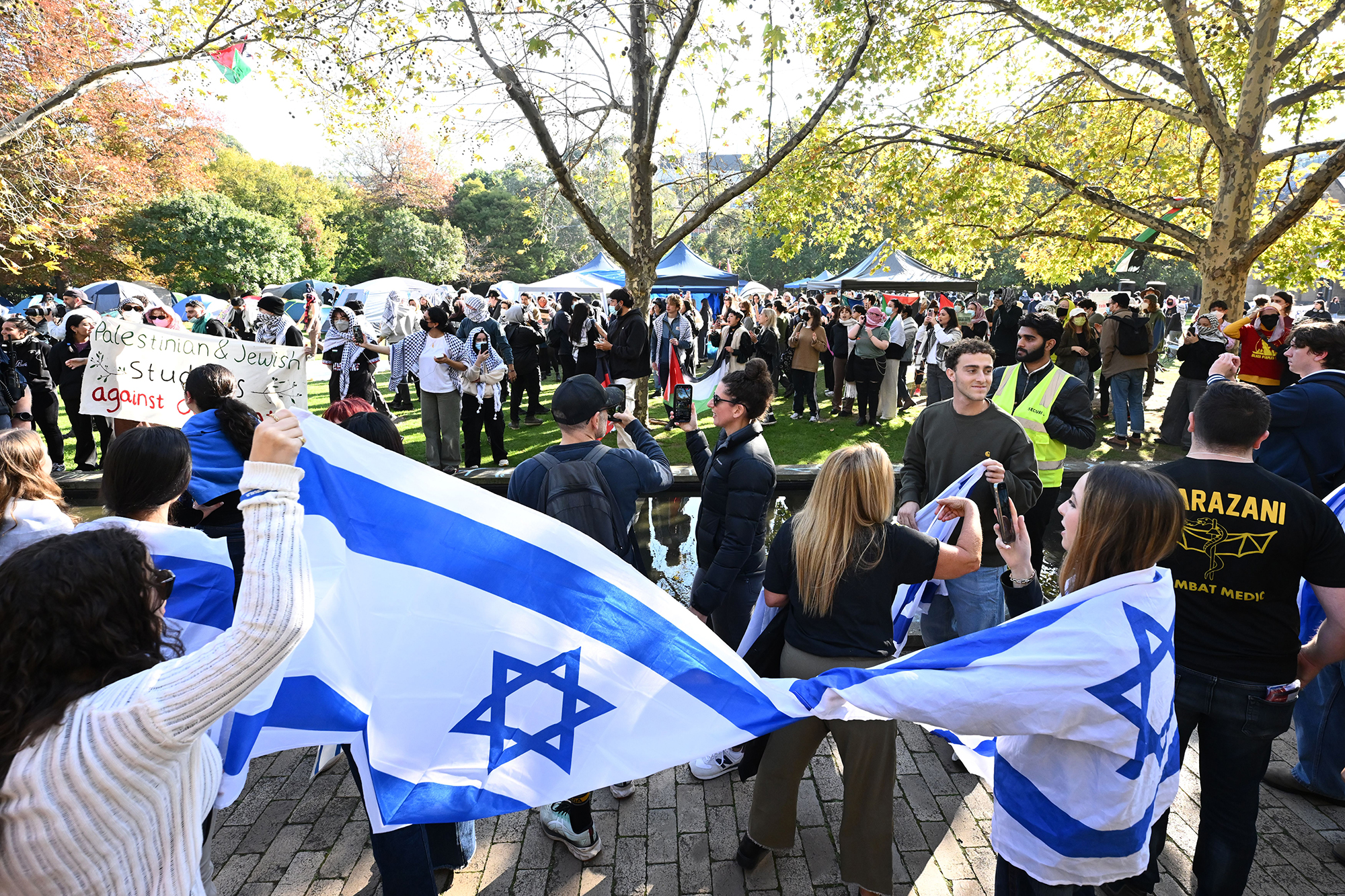 Members of the Jewish community gather opposite a pro-Palestine encampment at the University of Melbourne, in Melbourne, Australia, on May 2.