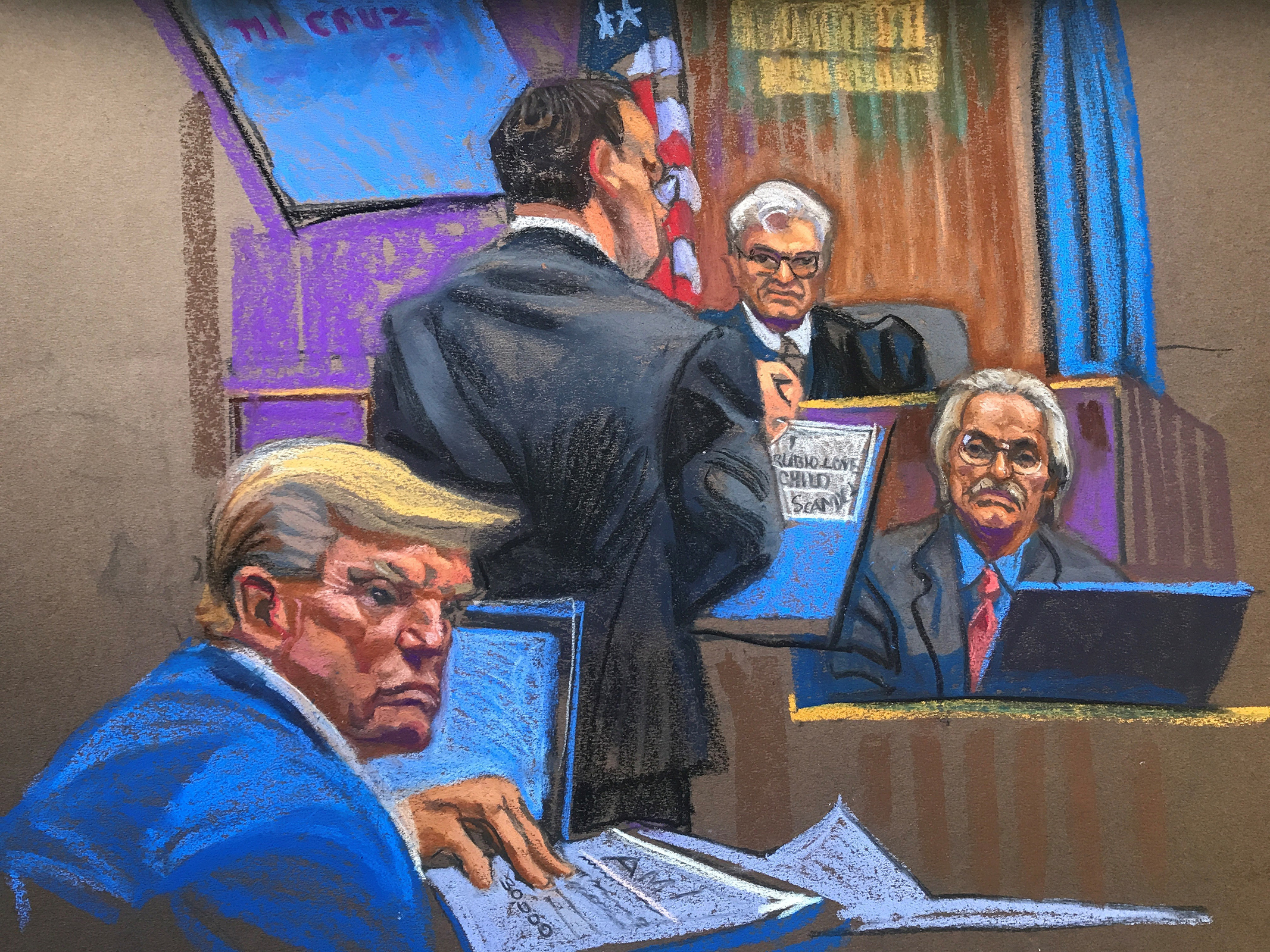 In this sketch from court, former President Donald Trump, left, listens as David Pecker testifies in Manhattan Criminal Court in New York on Tuesday.
