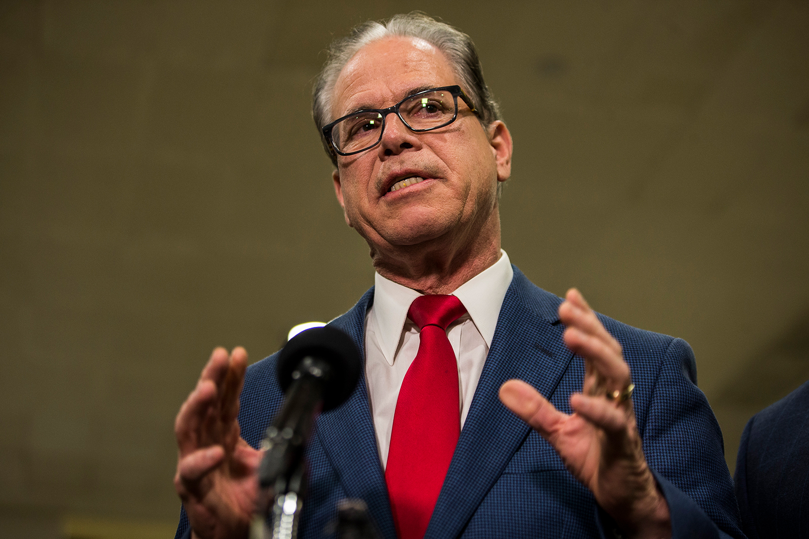 Senator Mike Braun speaks to reporters in the Senate basement at the U.S. Capitol on January 30, in Washington, DC.