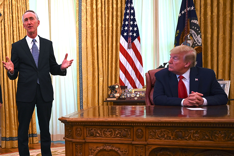 Daniel O'Day, CEO of Gillead Sciences Inc., speaks during a meeting with President Donald Trump in the Oval Office on May 1