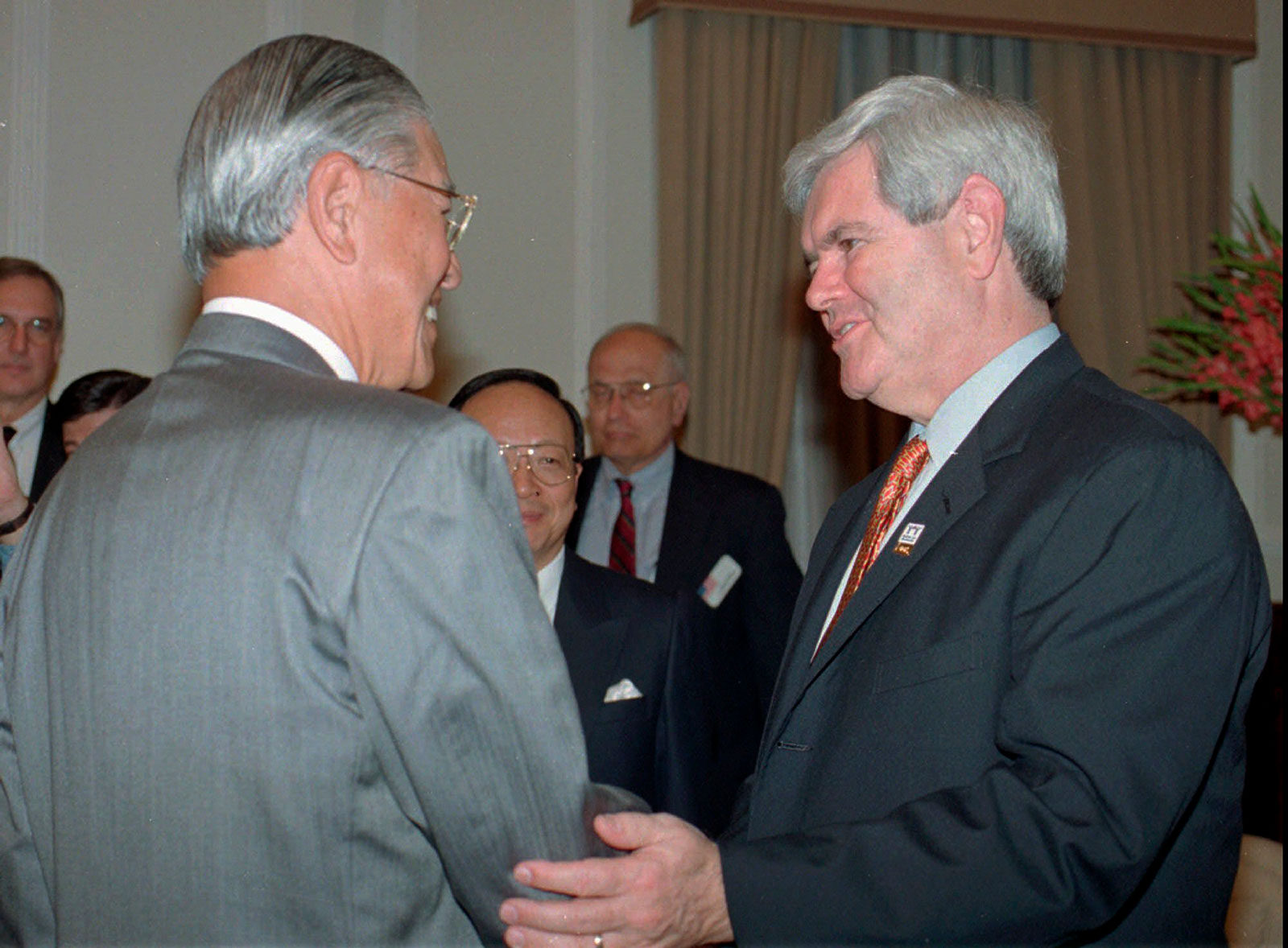 US House Speaker Newt Gingrich, right, speaks with Taiwanese President Lee Teng-hui at a meeting in Lee's office in Taipei on  April 2, 1997.