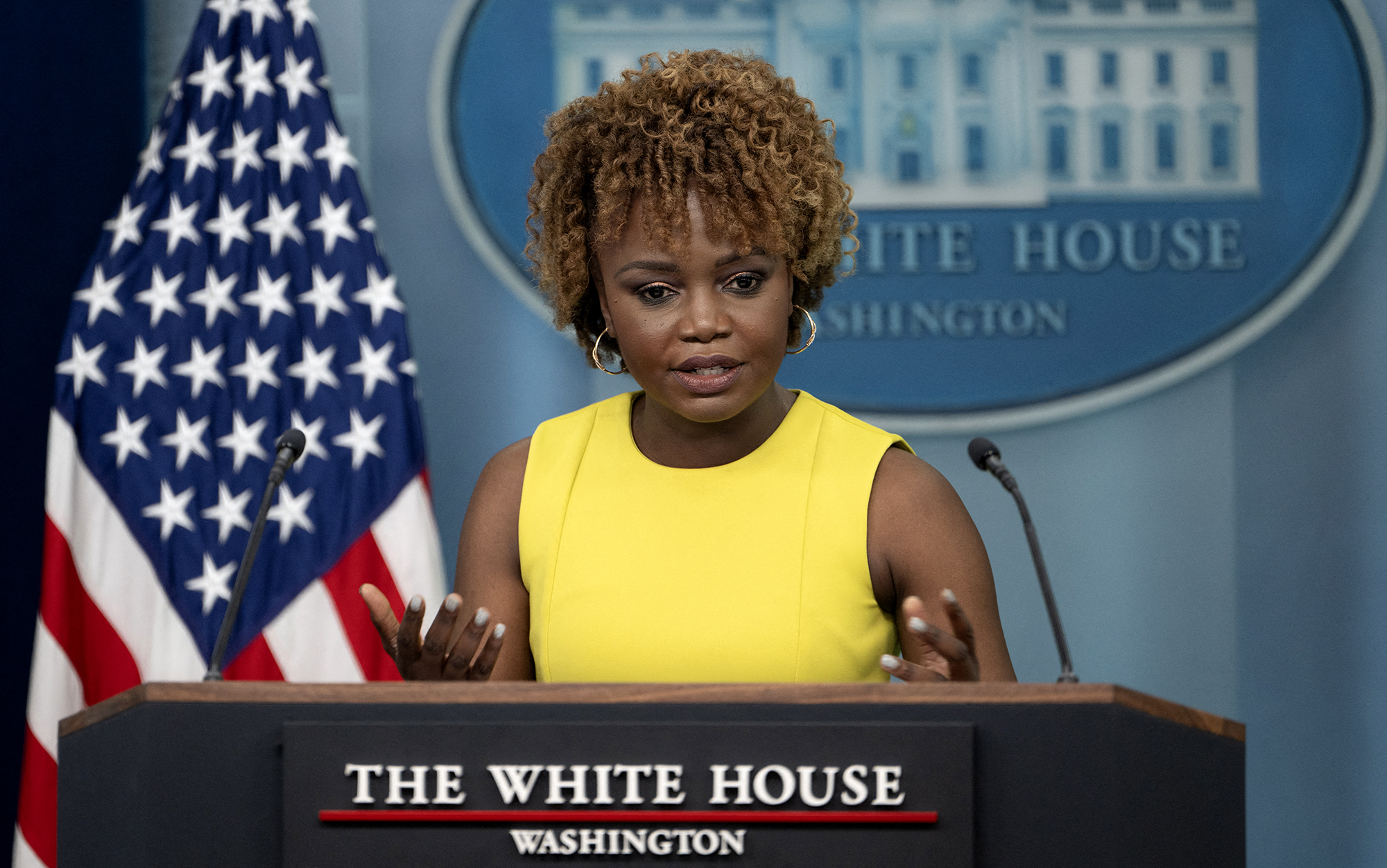 White House Press Secretary Karine Jean-Pierre speaks during the daily press briefing in the Brady Press Briefing Room of the White House in Washington, D.C, on May 3.