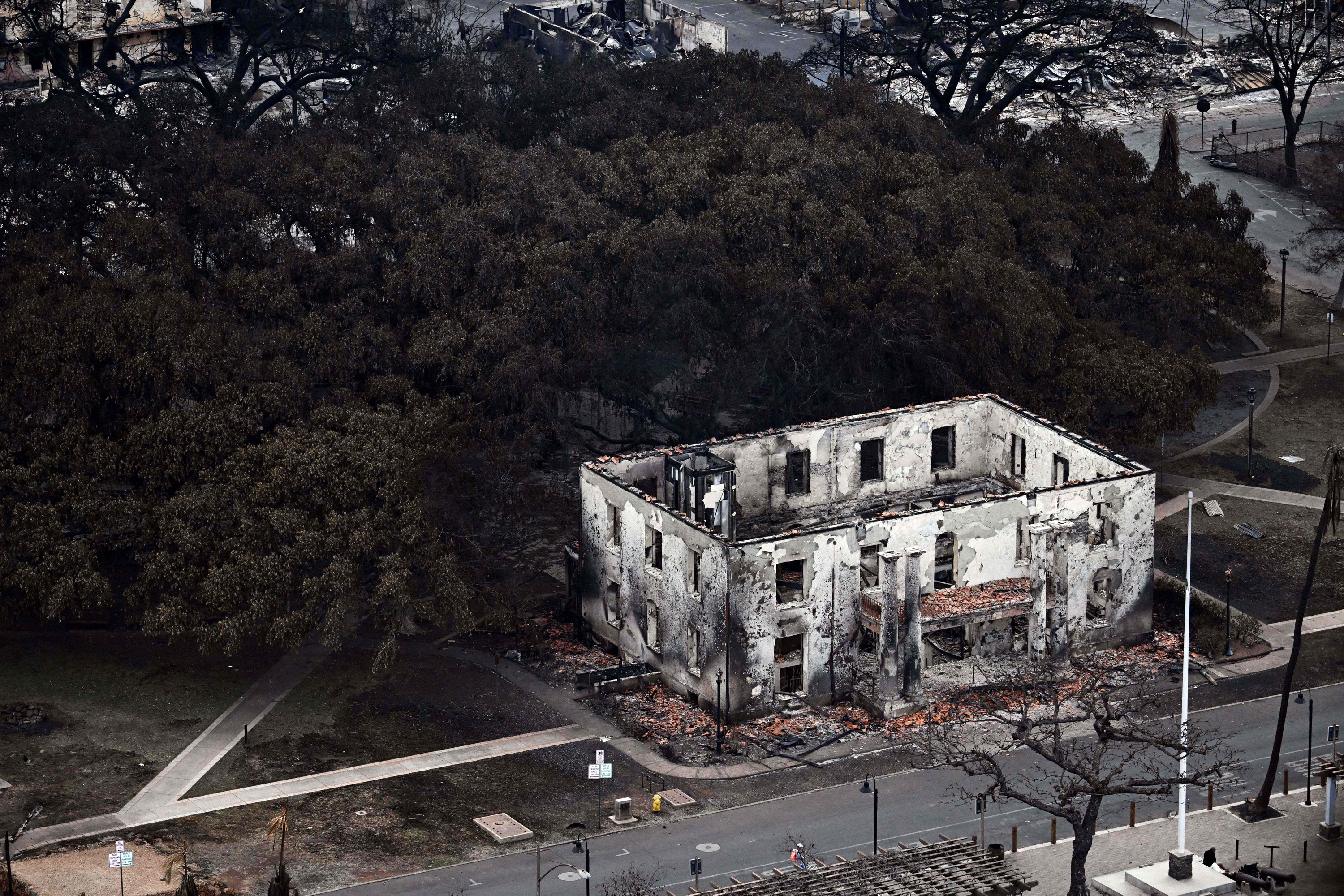 An aerial image shows a burned building after the wildfires destroyed parts of Lahaina, Hawaii, on Thursday.