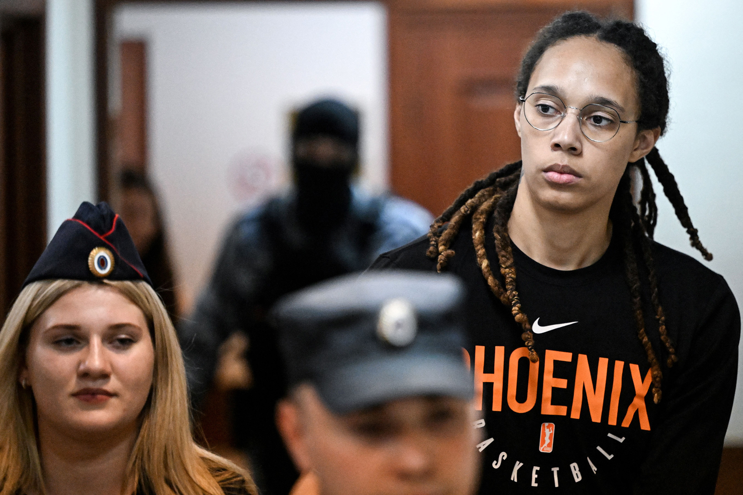 US WNBA basketball superstar Brittney Griner arrives to a hearing at the Khimki Court, outside Moscow, Russia, on July 27.