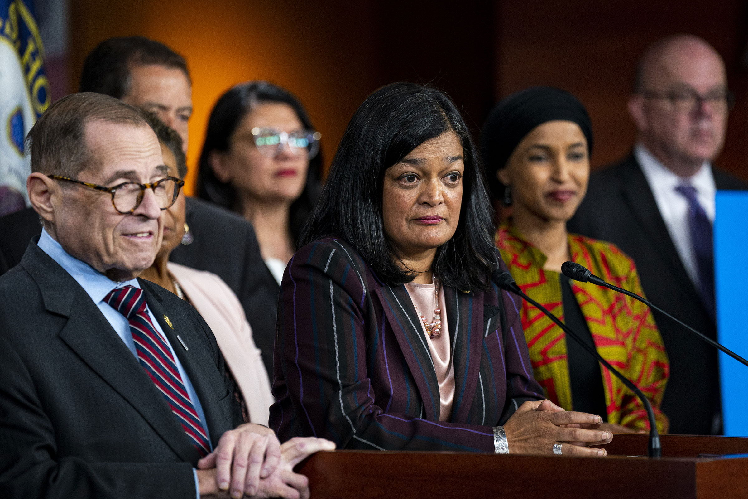Representative Pramila Jayapal, a Democrat from Washington, during a news conference at the US Capitol in Washington, DC, on Wednesday, May 24, 2023. 