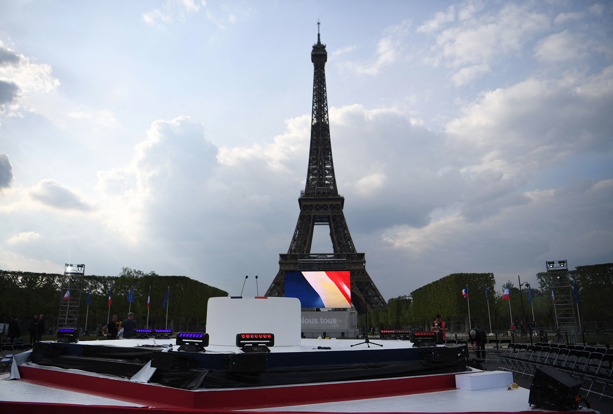 A stage is seen in front of the Eiffel Tower ahead of Emmanuel Macron’s election night rally on April 24 in Paris. 