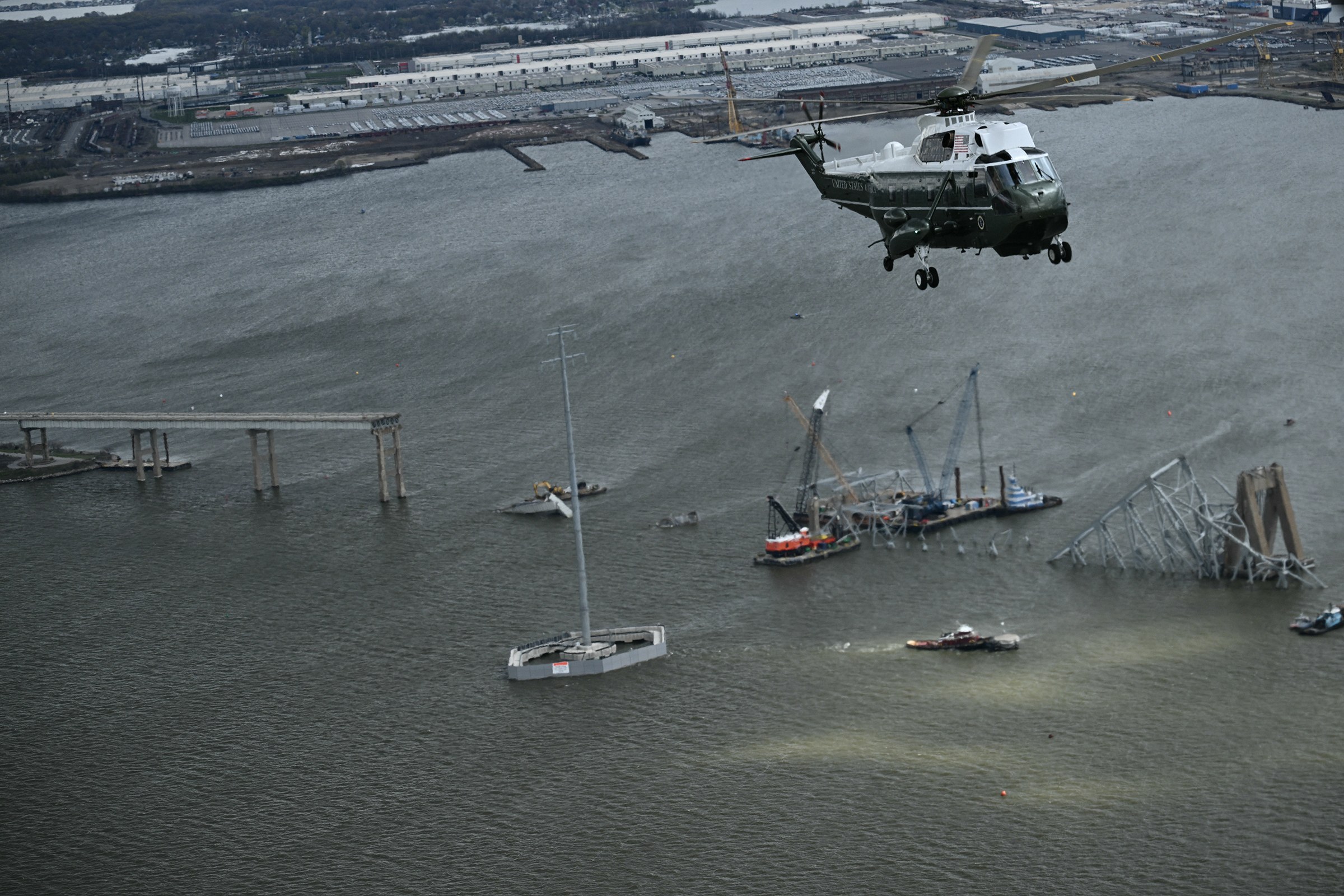 Marine One with US President Joe Biden onboard, makes an aerial tour of the collapsed Francis Scott Key Bridge in Baltimore, Maryland, on April 5.