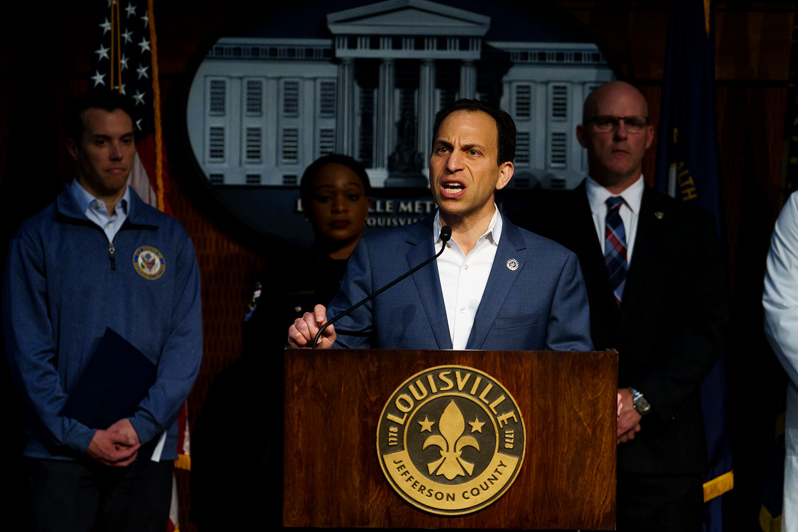 Louisville Mayor Craig Greenberg speaks at a press conference on April 11 at Metro Hall in Louisville, Kentucky.