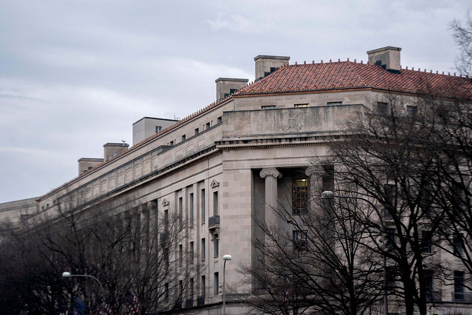 An exterior view of the US Department of Justice in Washington, DC. 